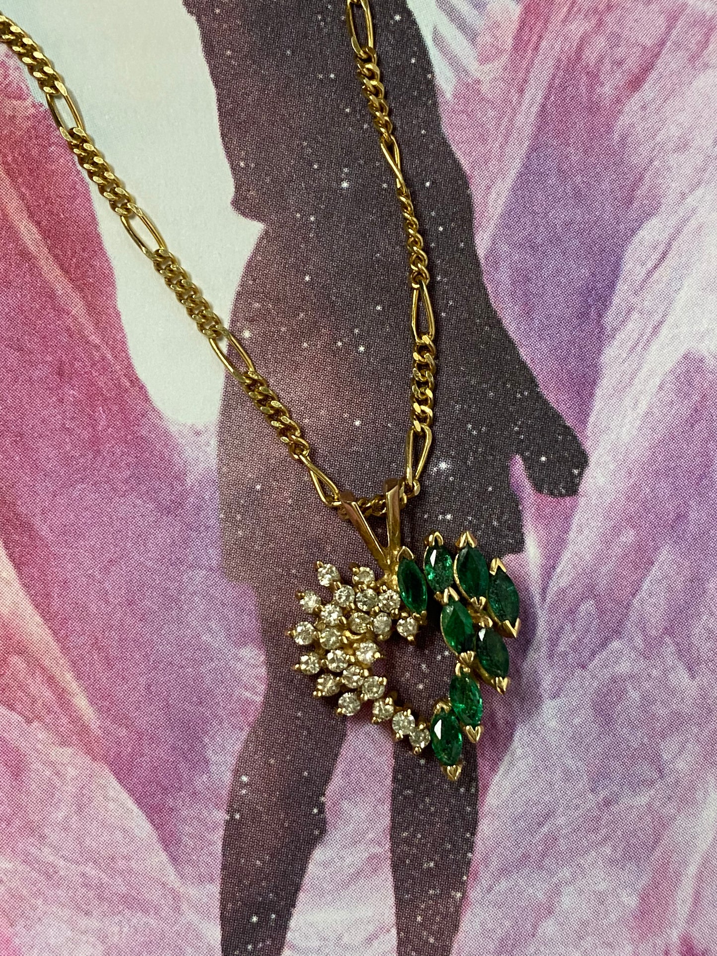 14k Emerald & Diamond Heart and Figaro Chain