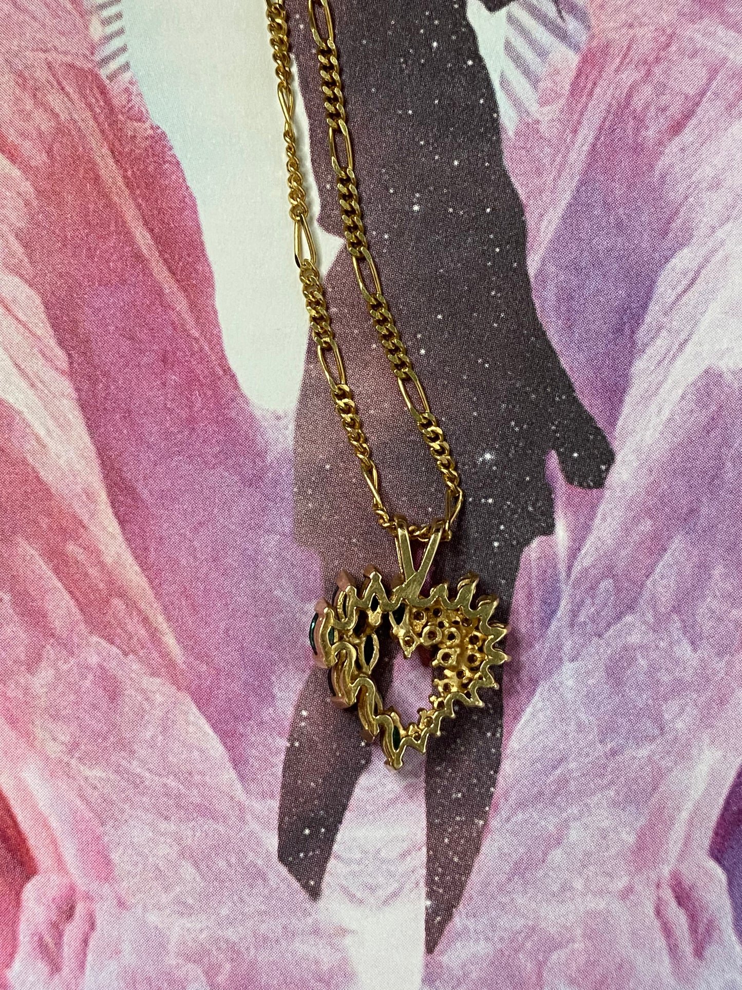 14k Emerald & Diamond Heart and Figaro Chain