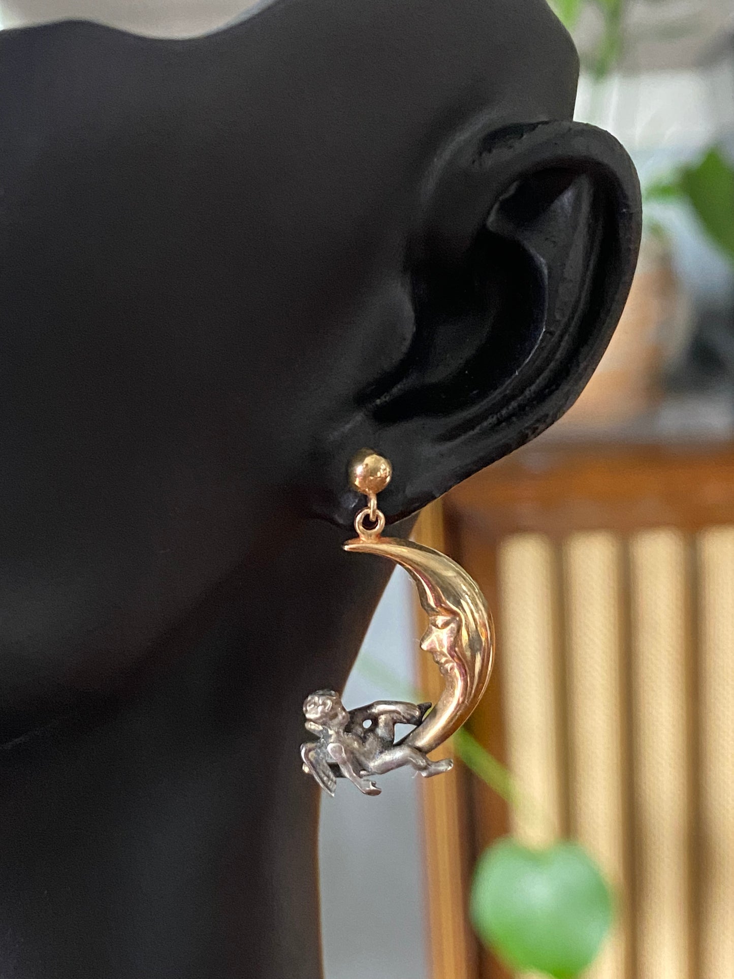 14k Crescent Moon Cherub Earrings