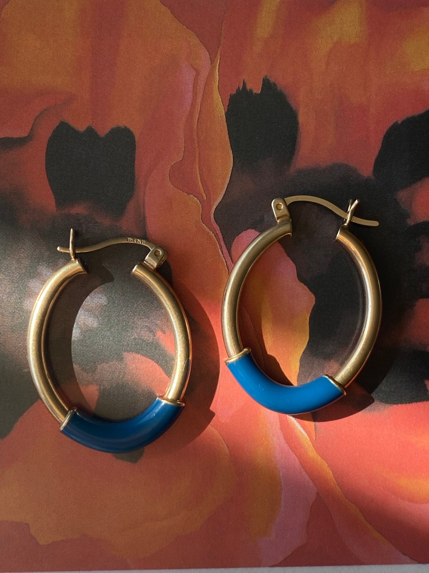 14k Blue Enamel Oval Hoops