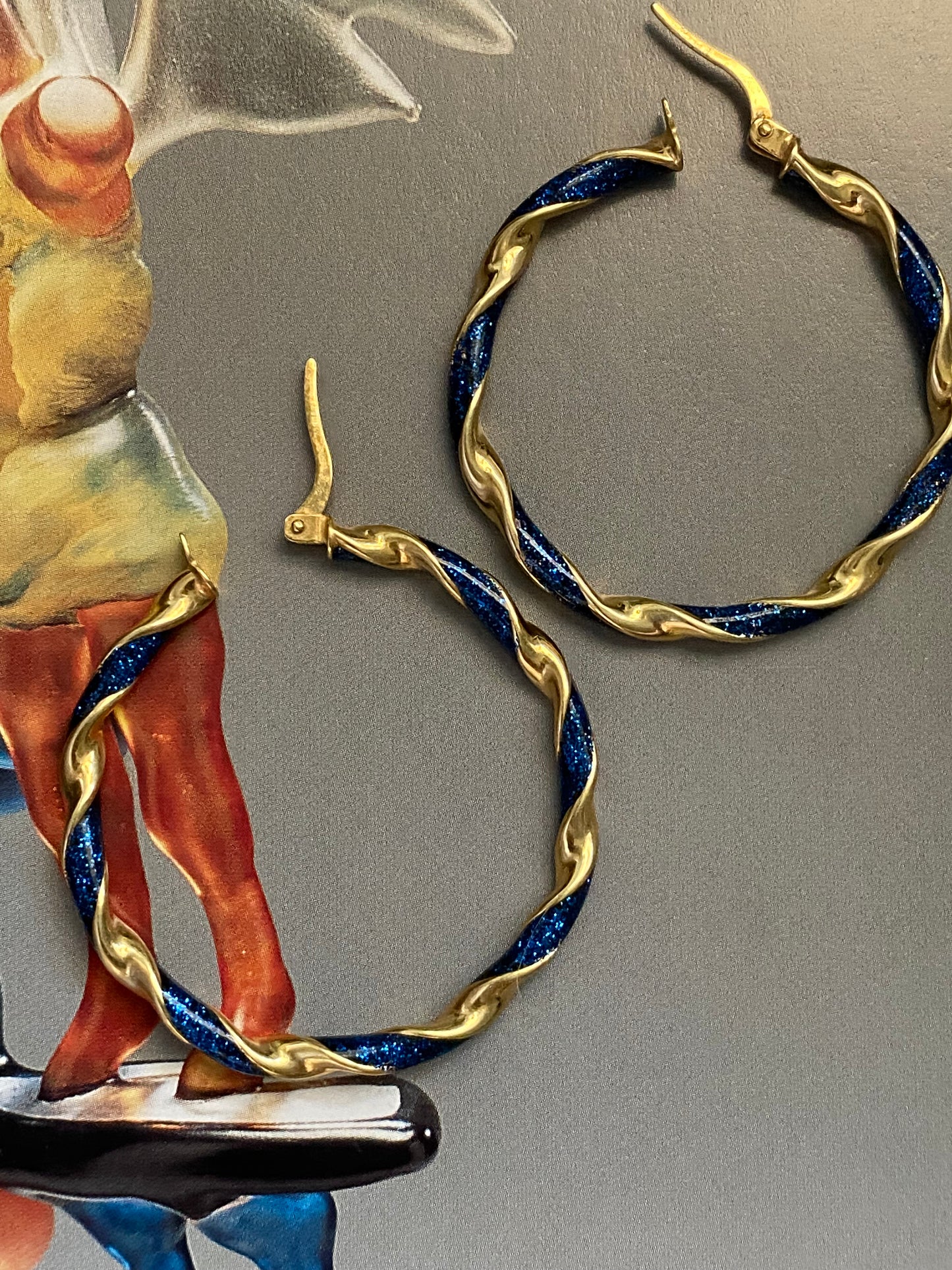 14k Blue Enamel Large Hoops