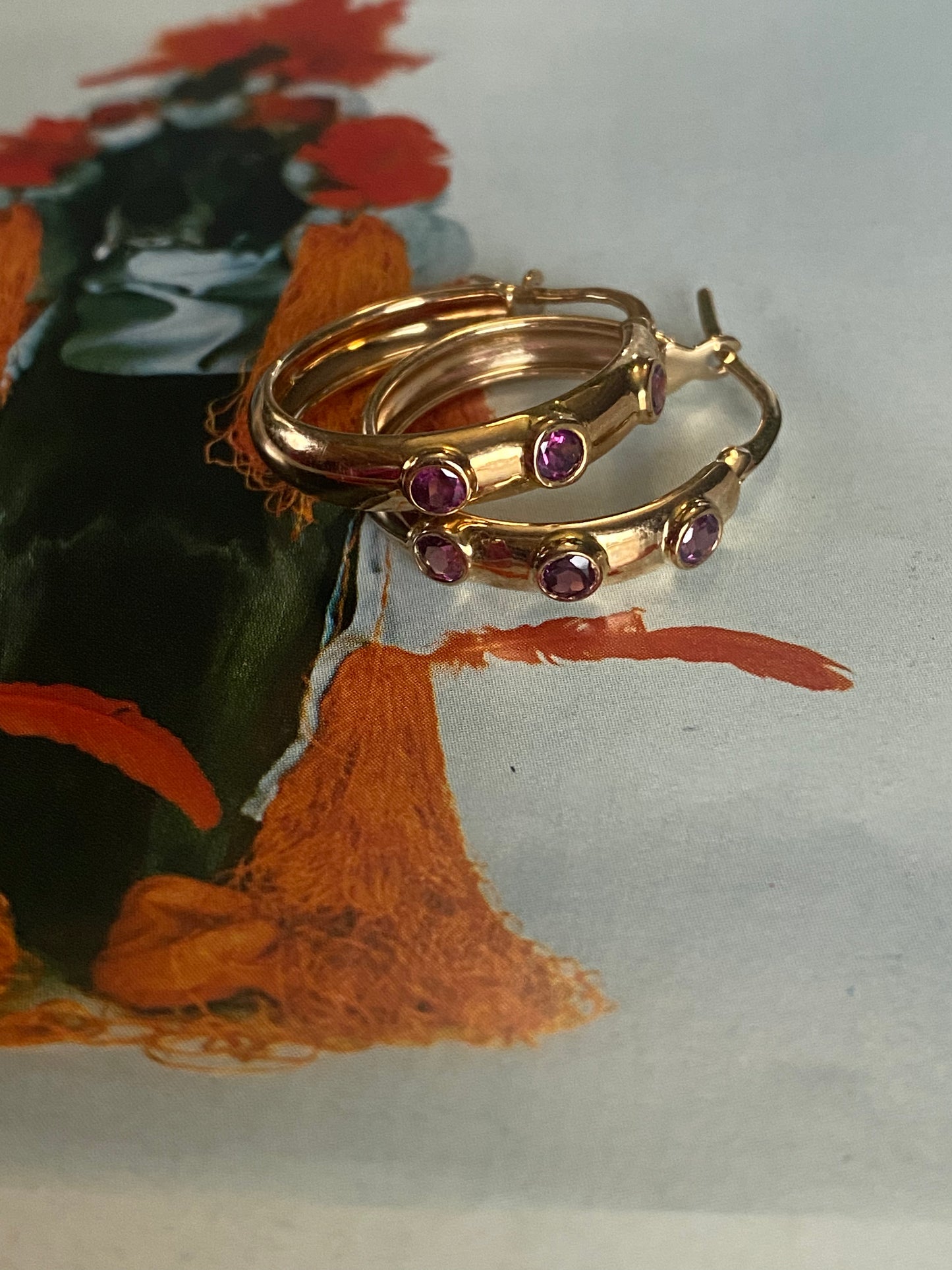 14k Rhodolite Garnet Hoops
