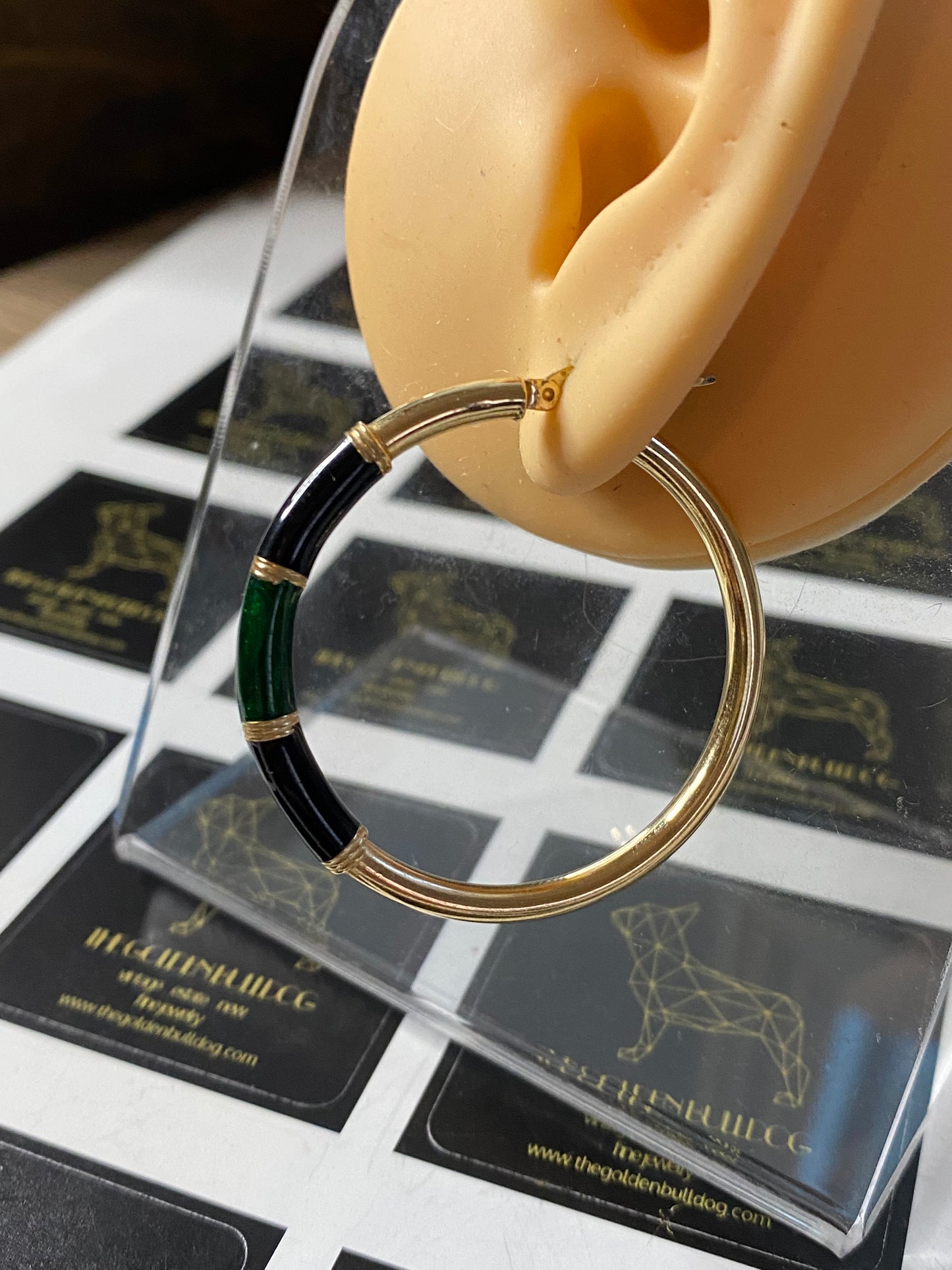 14k Black & Green Round Enamel Hoops