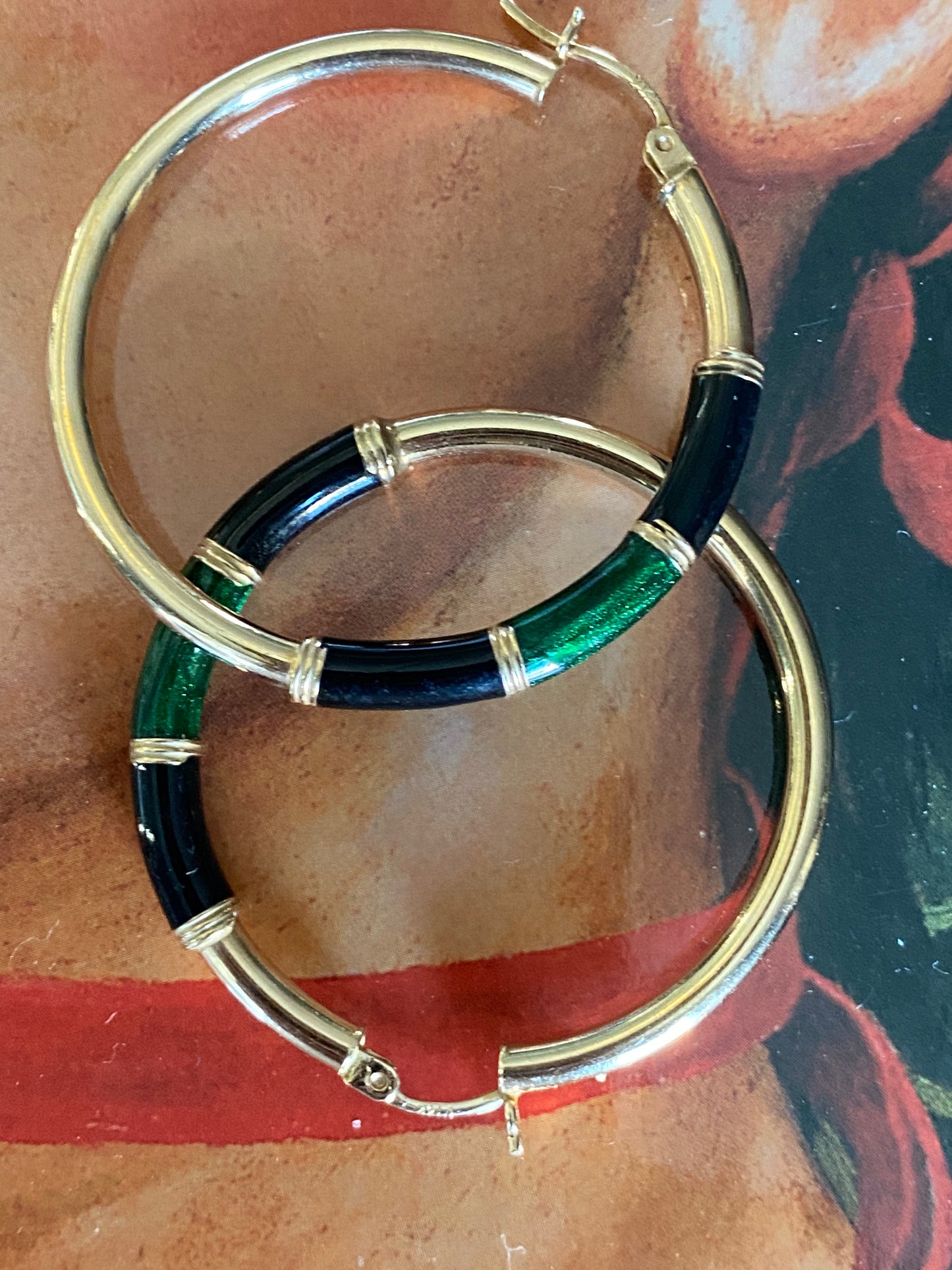14k Black & Green Round Enamel Hoops