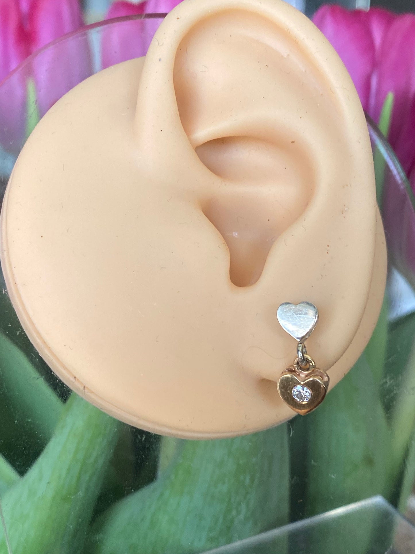 14k YG/WG Diamond Heart Dangle Earrings