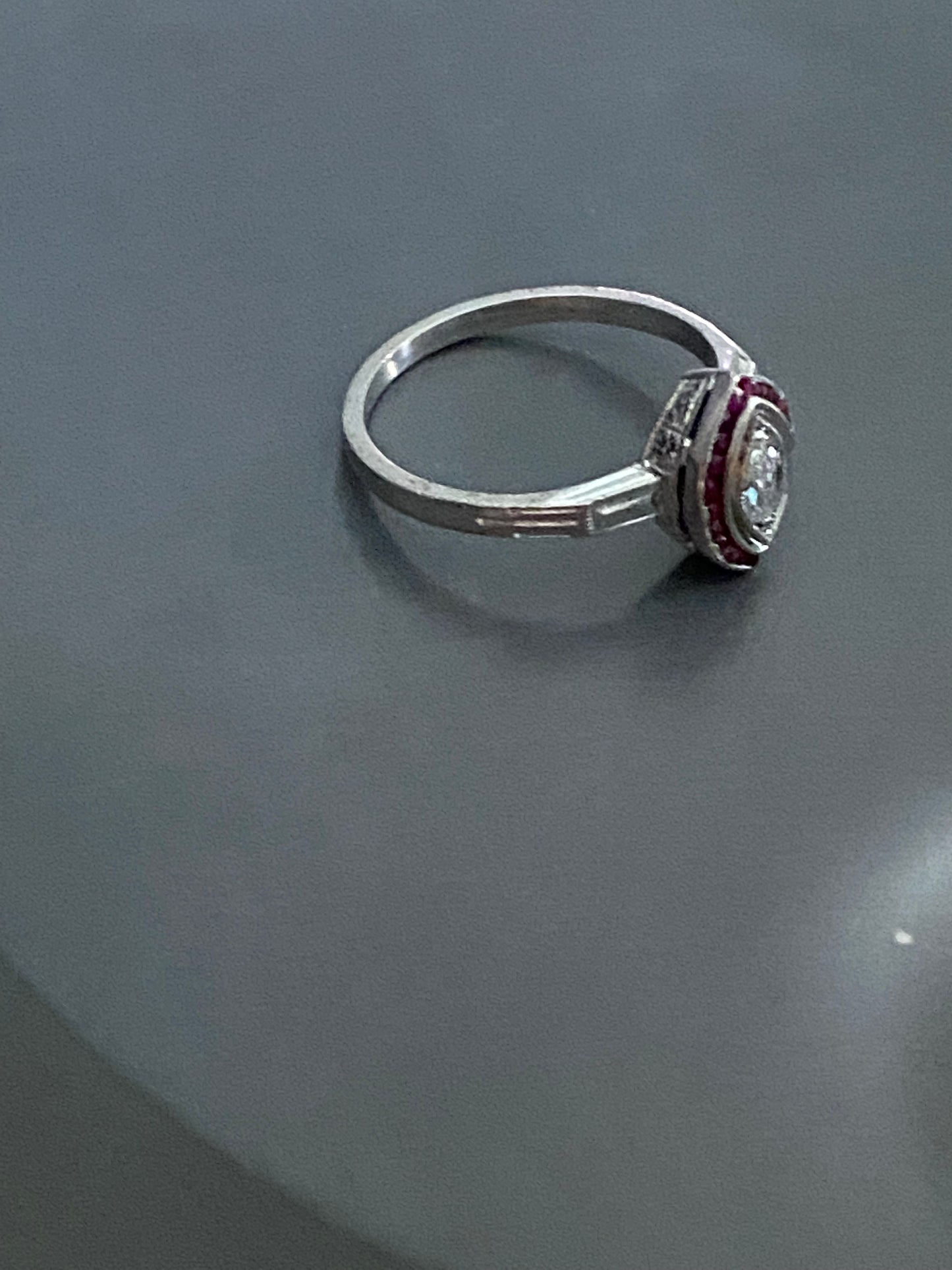 Navette Diamond and Ruby Halo Ring