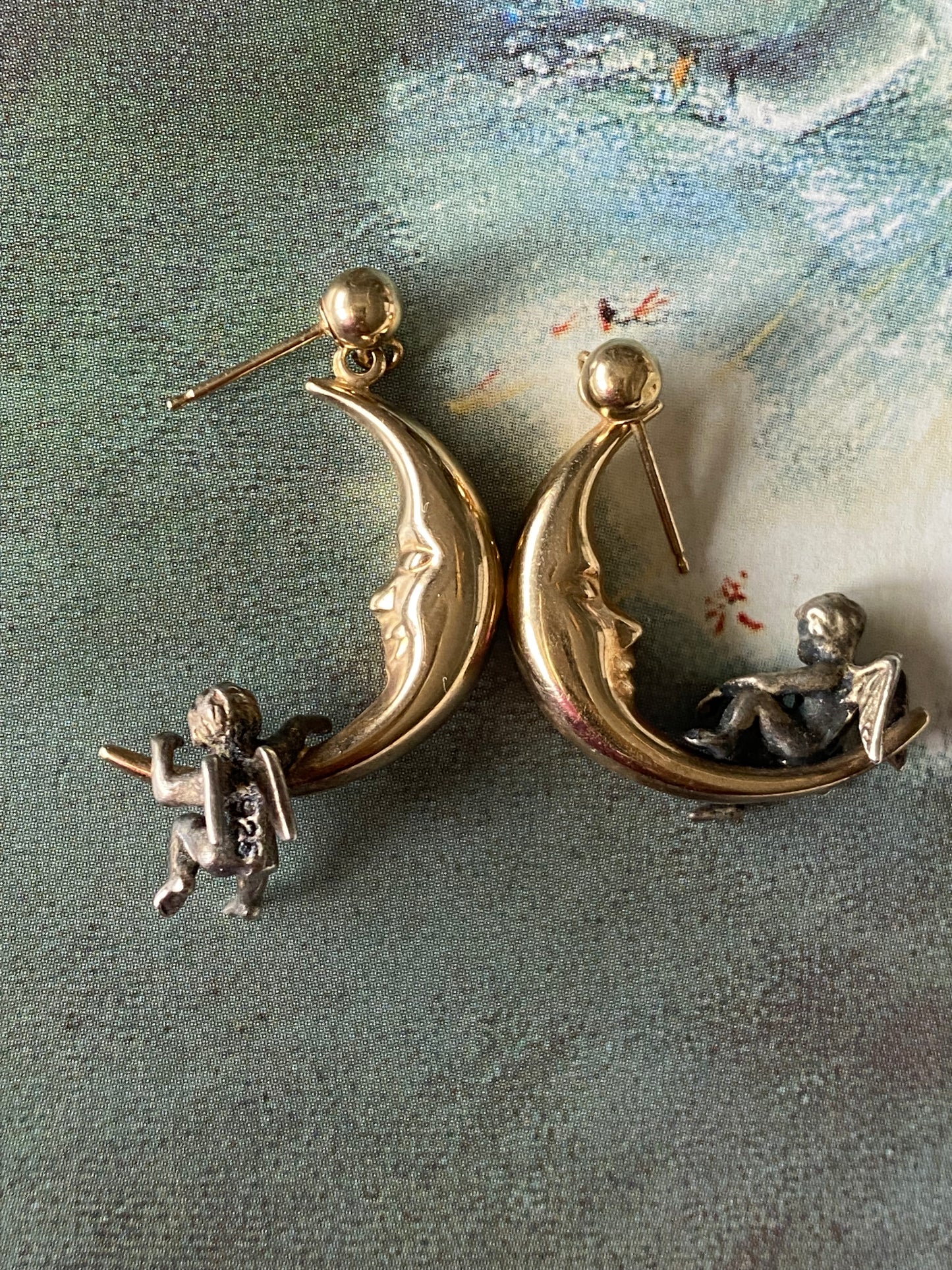 14k Crescent Moon Cherub Earrings