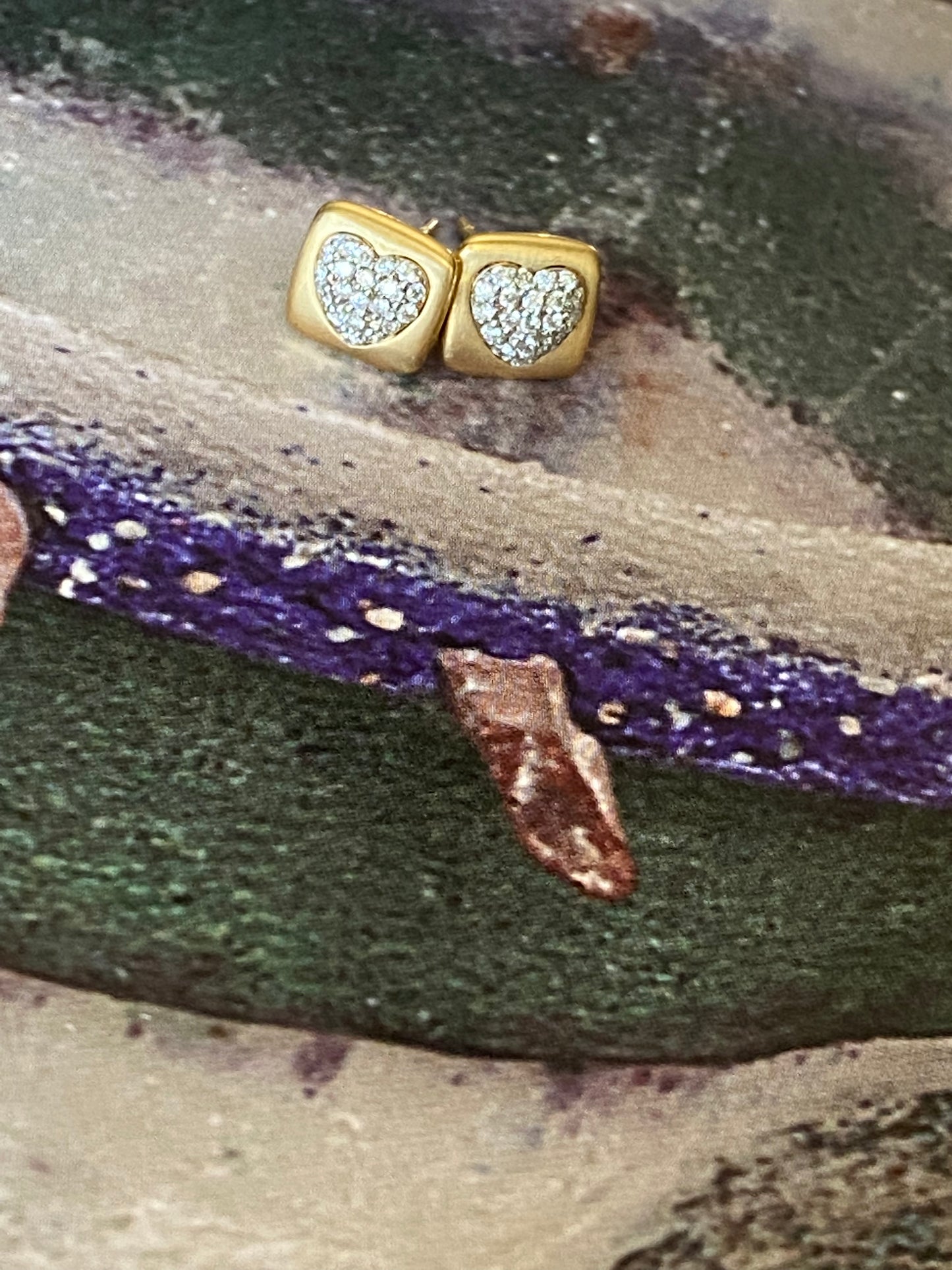 18k Heart Pave Diamonds Square Studs
