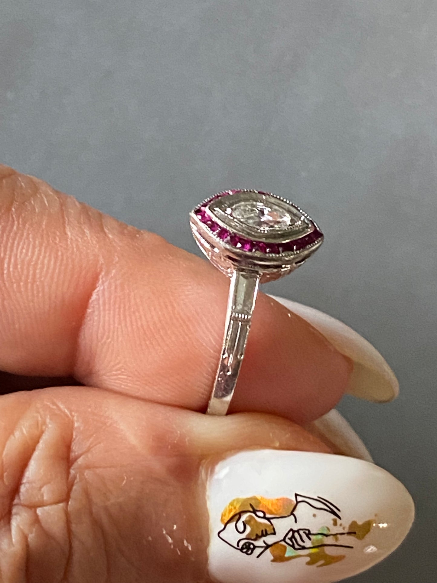 Navette Diamond and Ruby Halo Ring