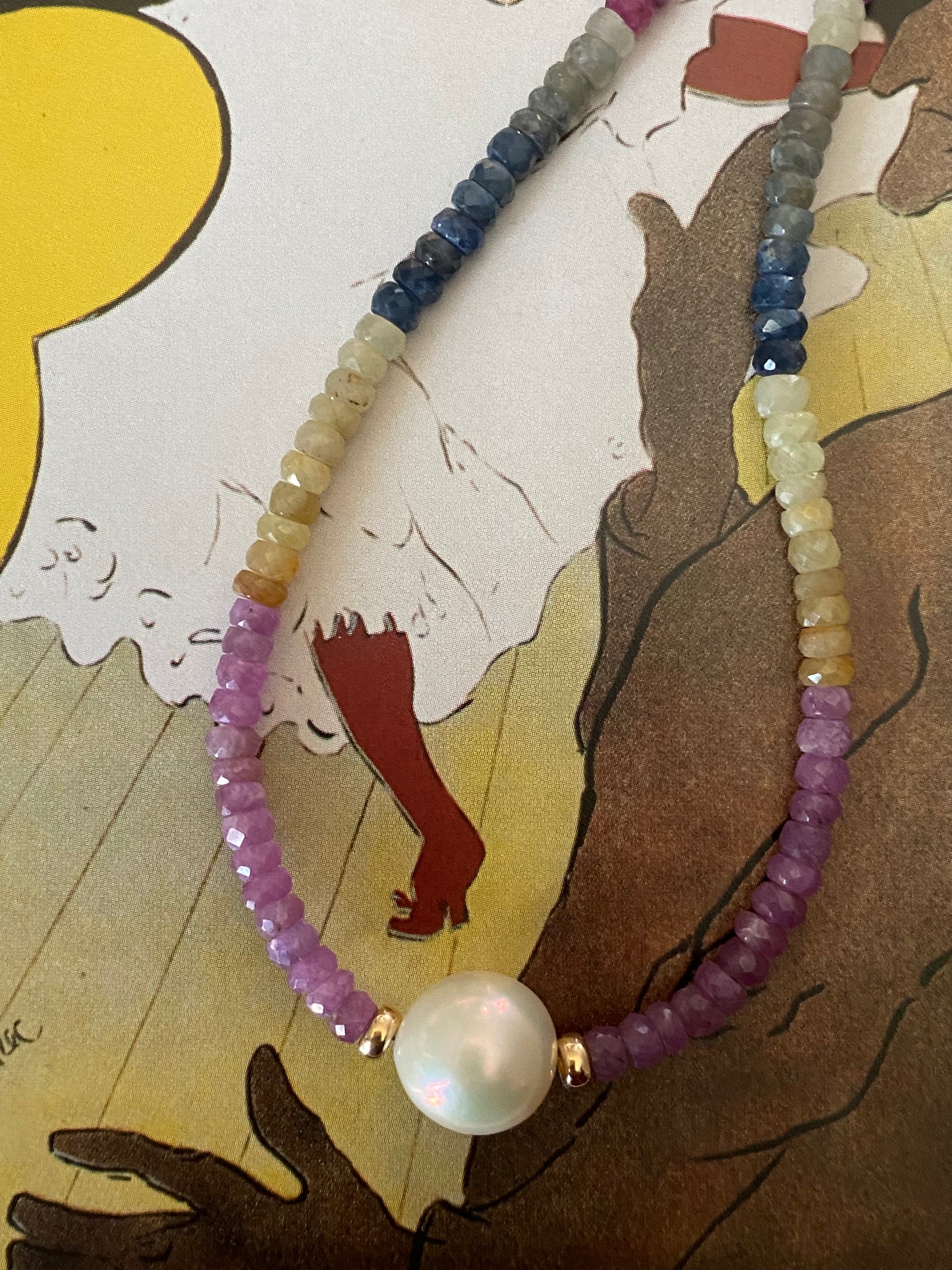 14k Multi-color Sapphire with Pearl Necklace