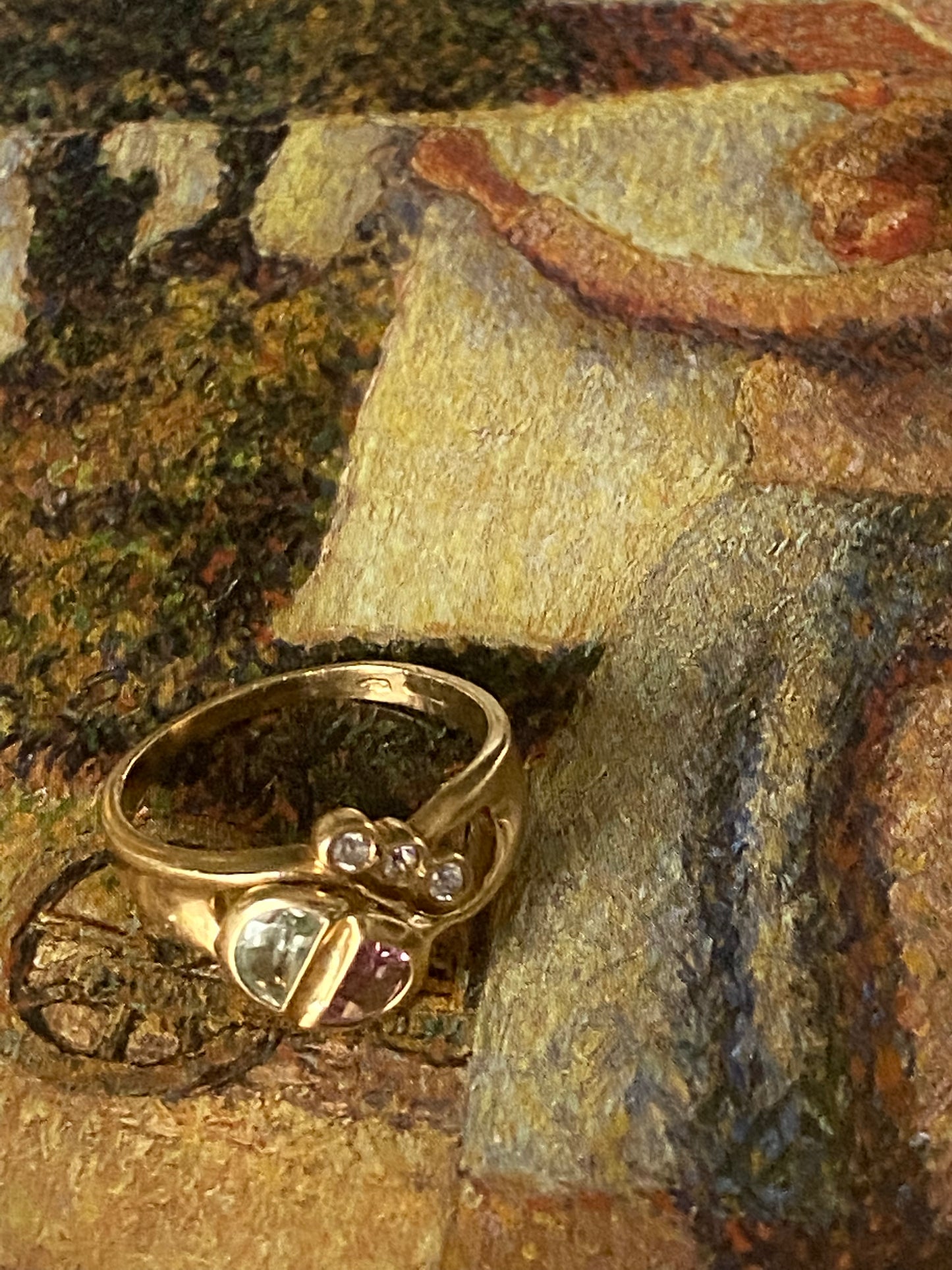 14k Aquamarine and Amethyst Half Moon Ring