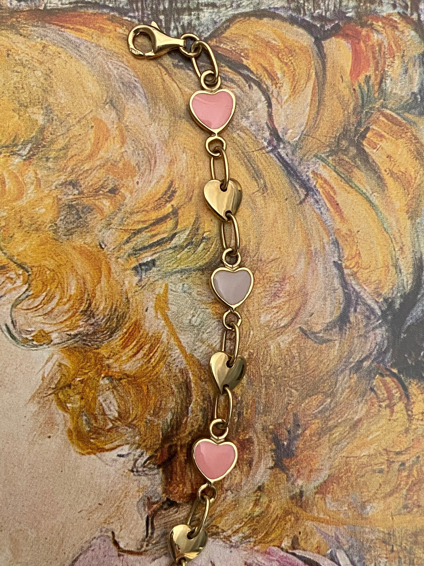 14k Heart Enamel Paperclip Link Bracelet