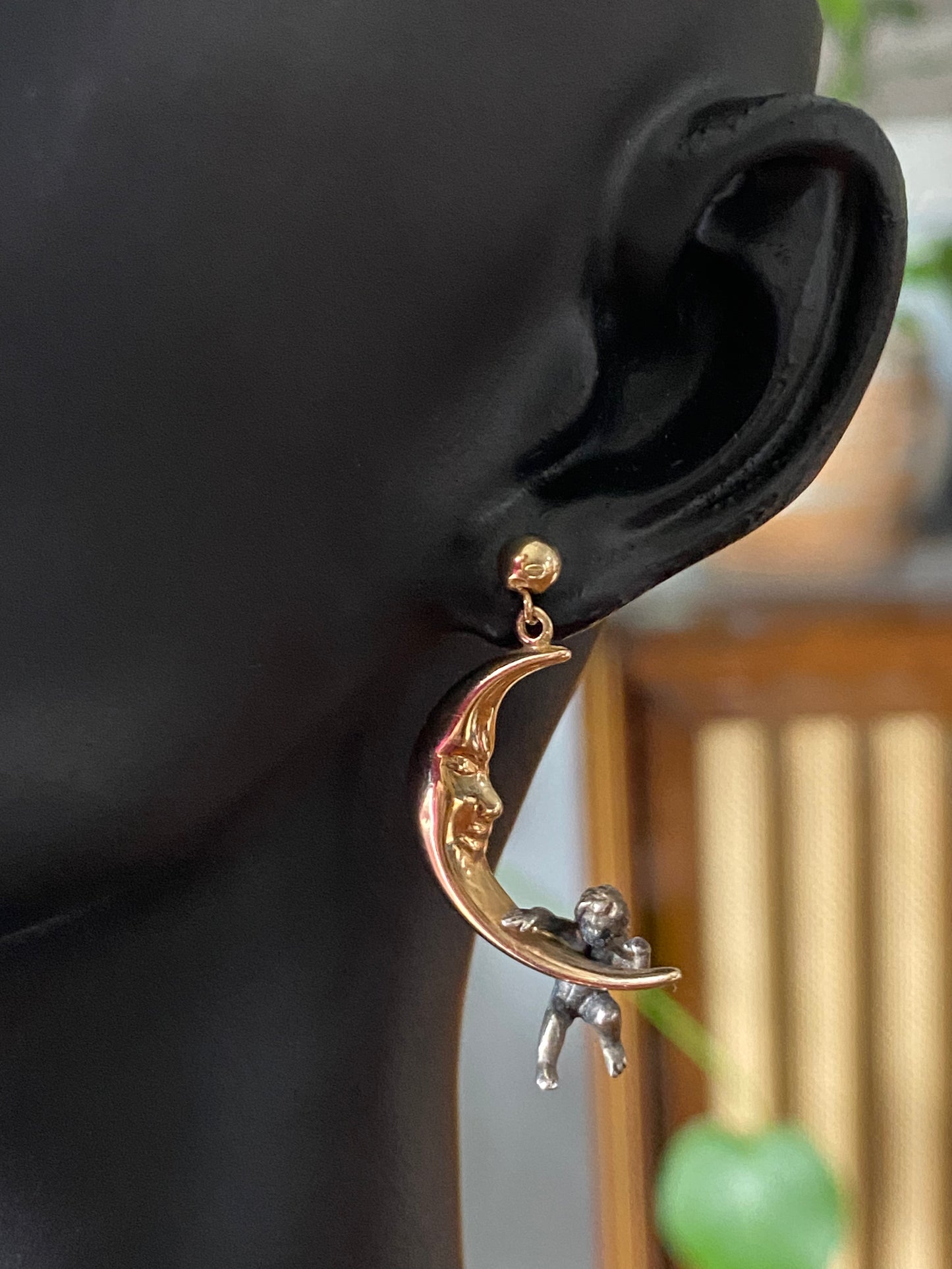 14k Crescent Moon Cherub Earrings