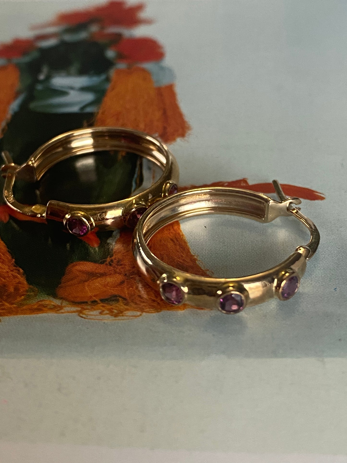 14k Rhodolite Garnet Hoops