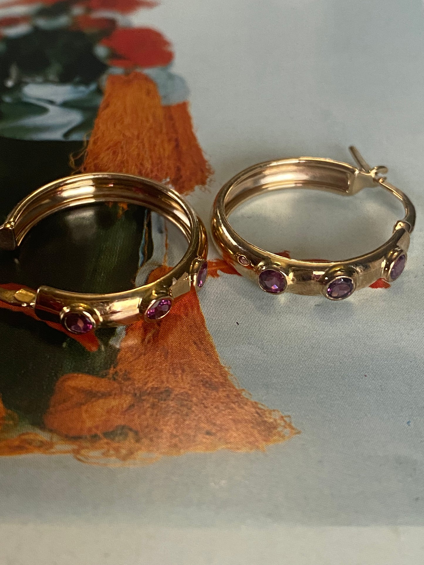 14k Rhodolite Garnet Hoops