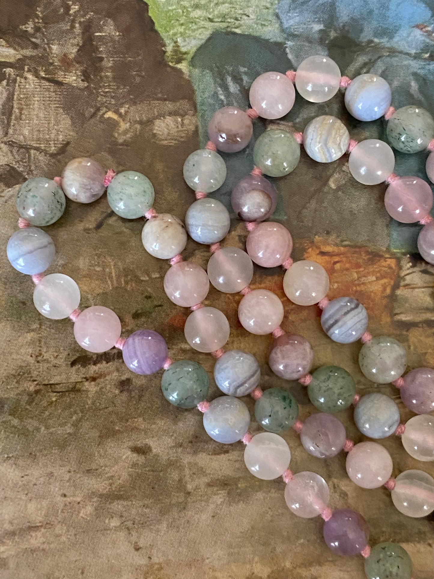 Handknotted Rose Quartz and Lace Agate Necklace