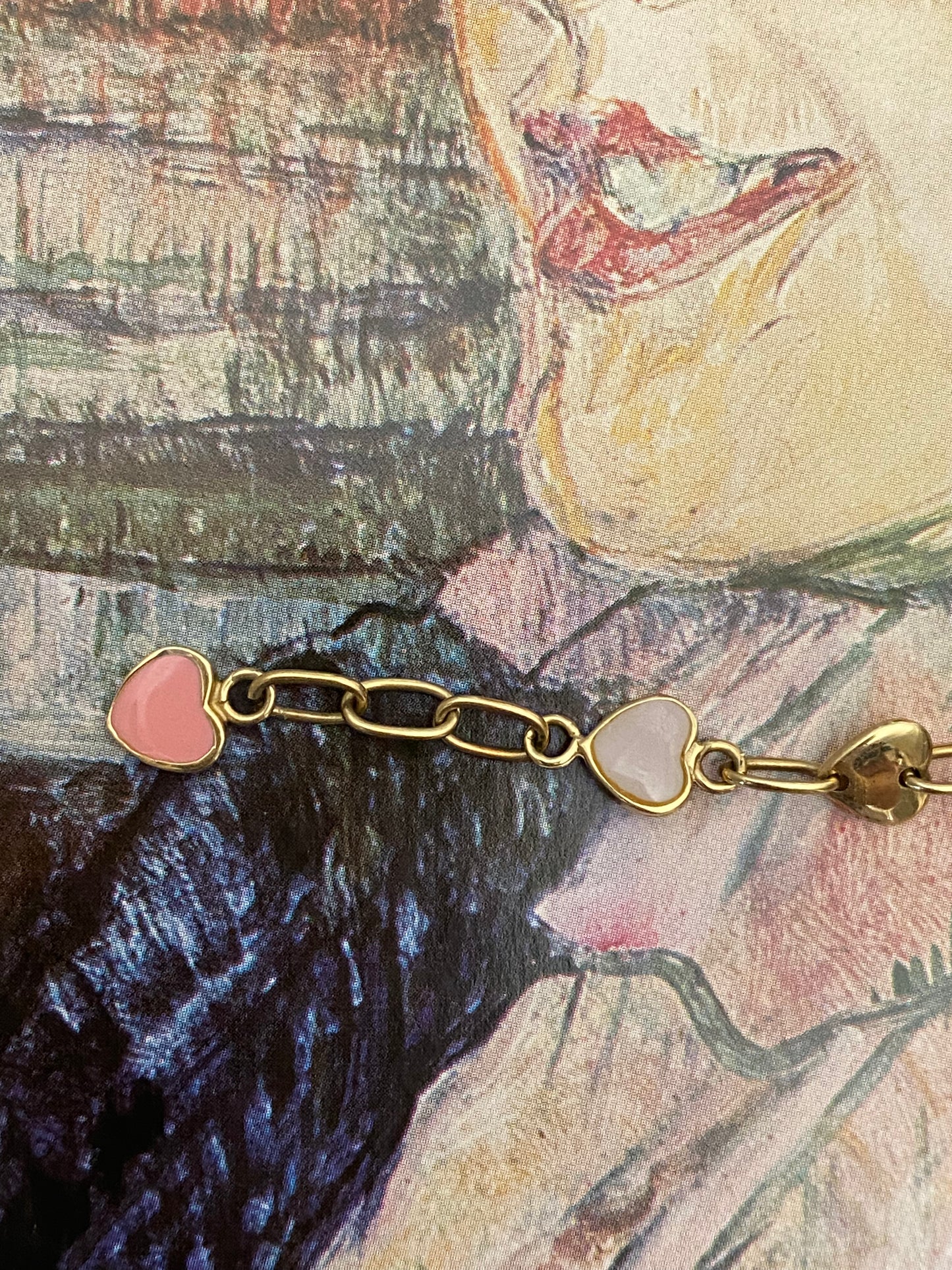 14k Heart Enamel Paperclip Link Bracelet