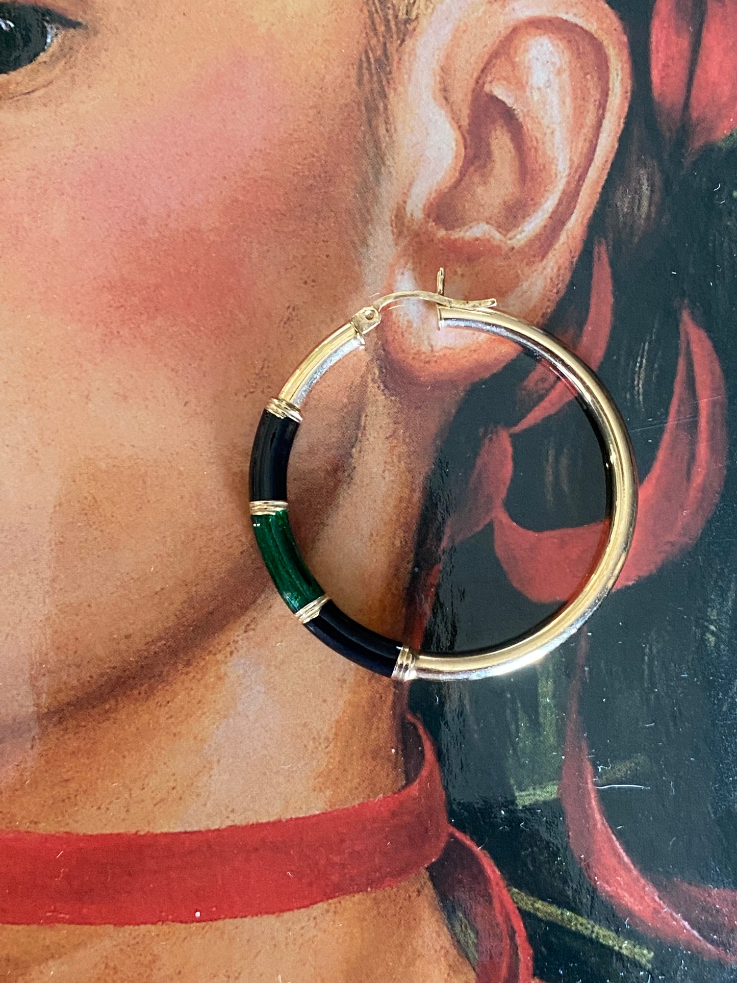 14k Black & Green Round Enamel Hoops
