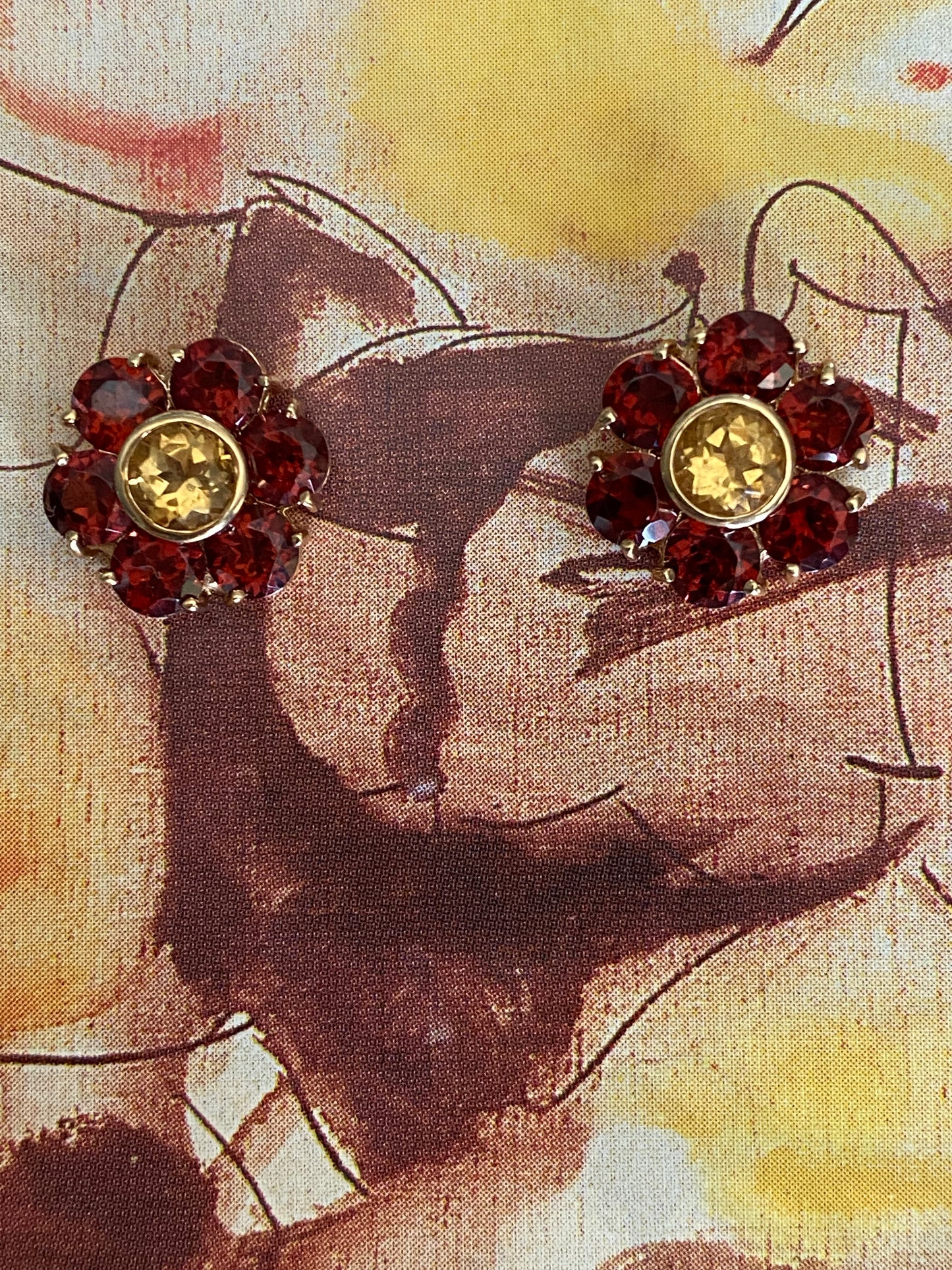 14k Garnet and Citrine Flower Earrings