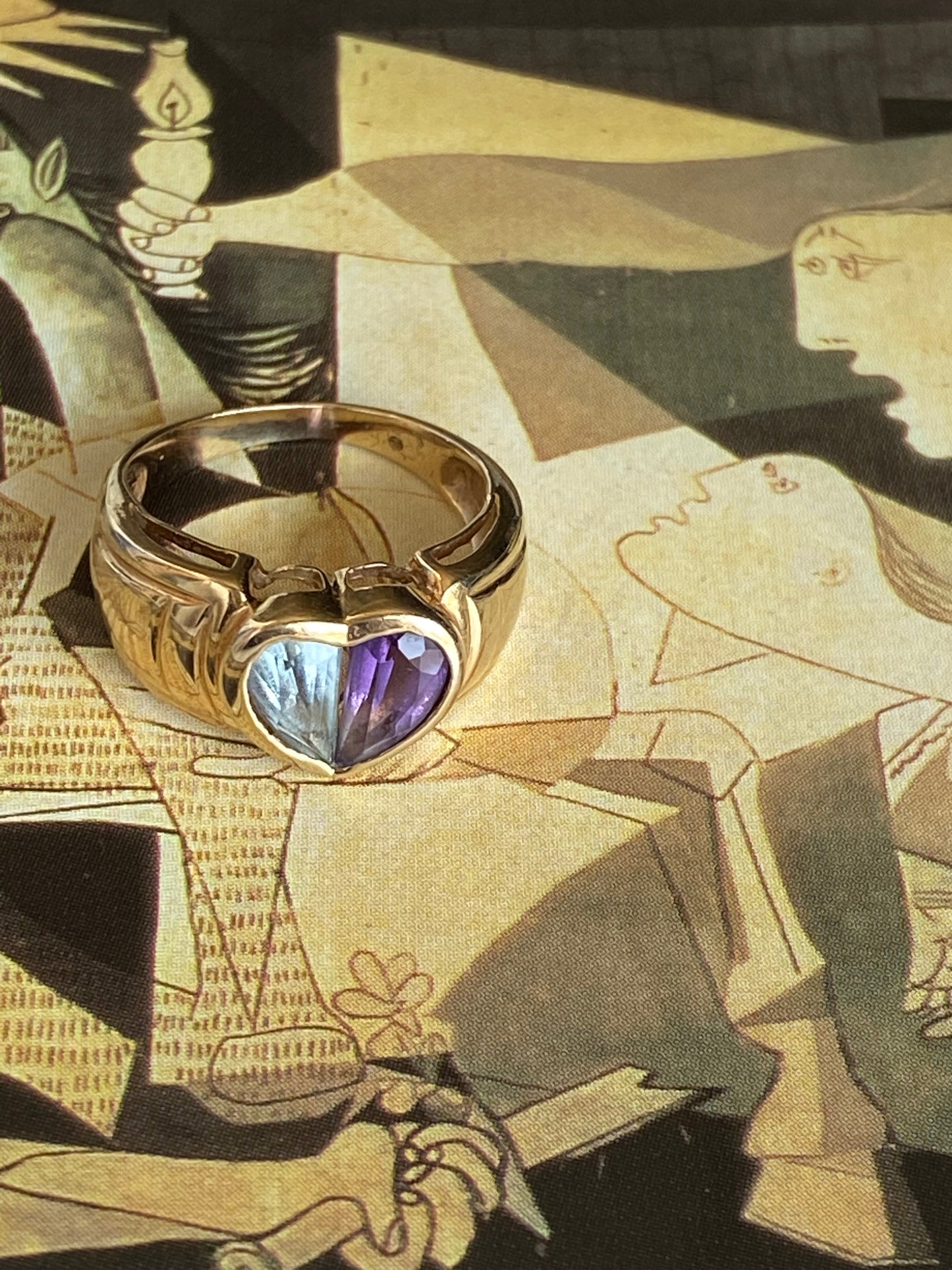 14k Aquamarine and Amethyst Heart Ring