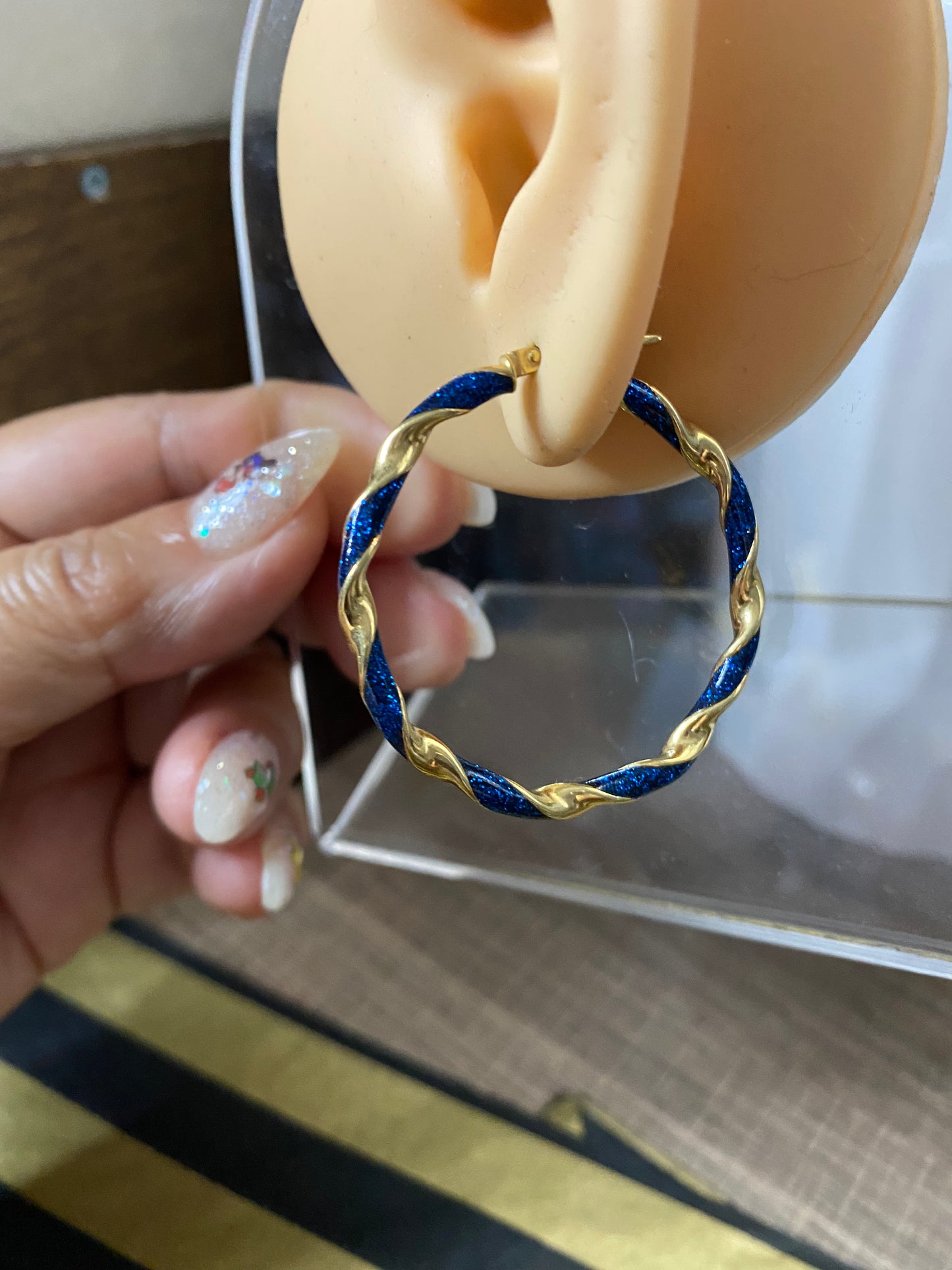 14k Blue Enamel Large Hoops