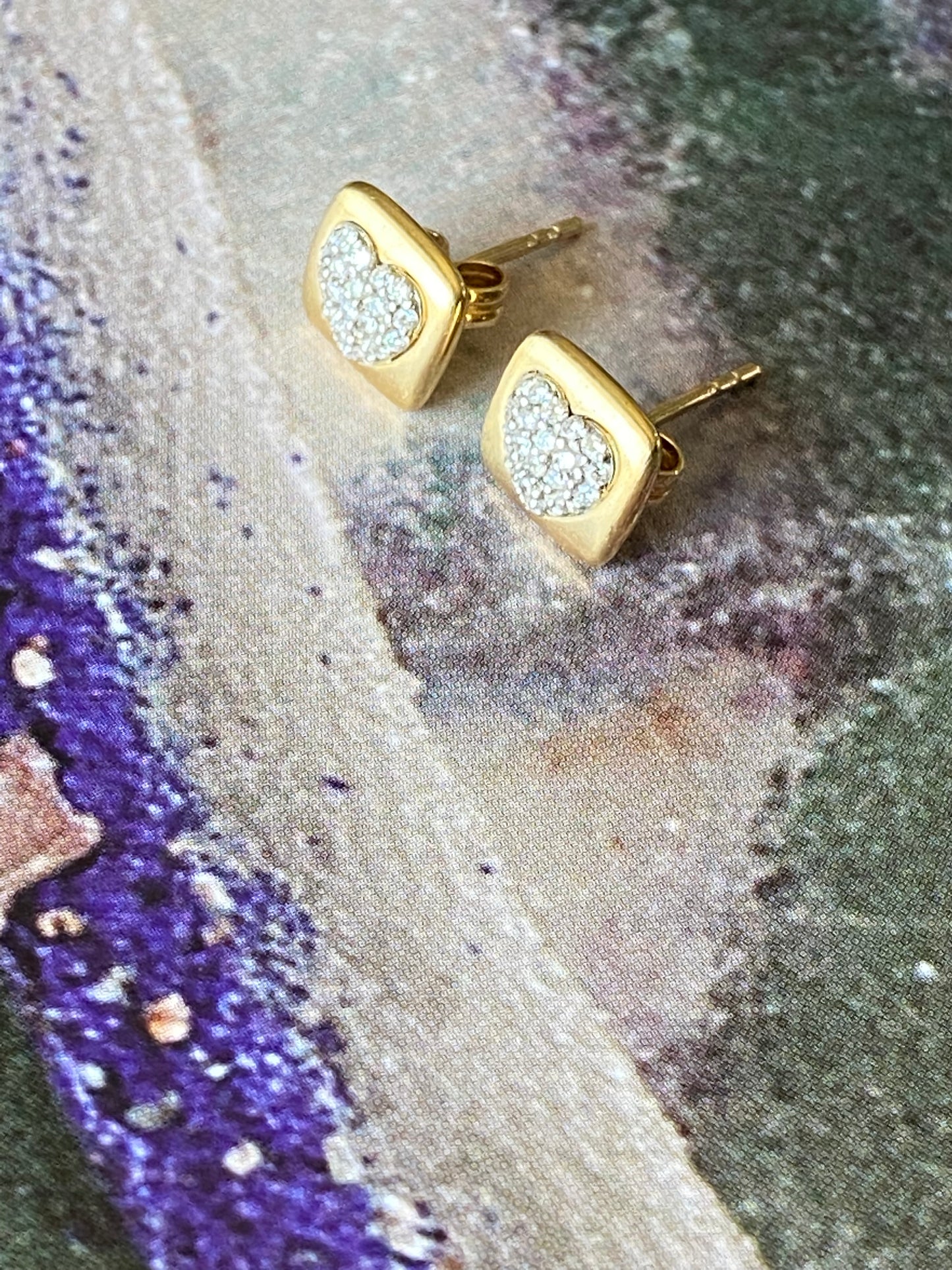 18k Heart Pave Diamonds Square Studs