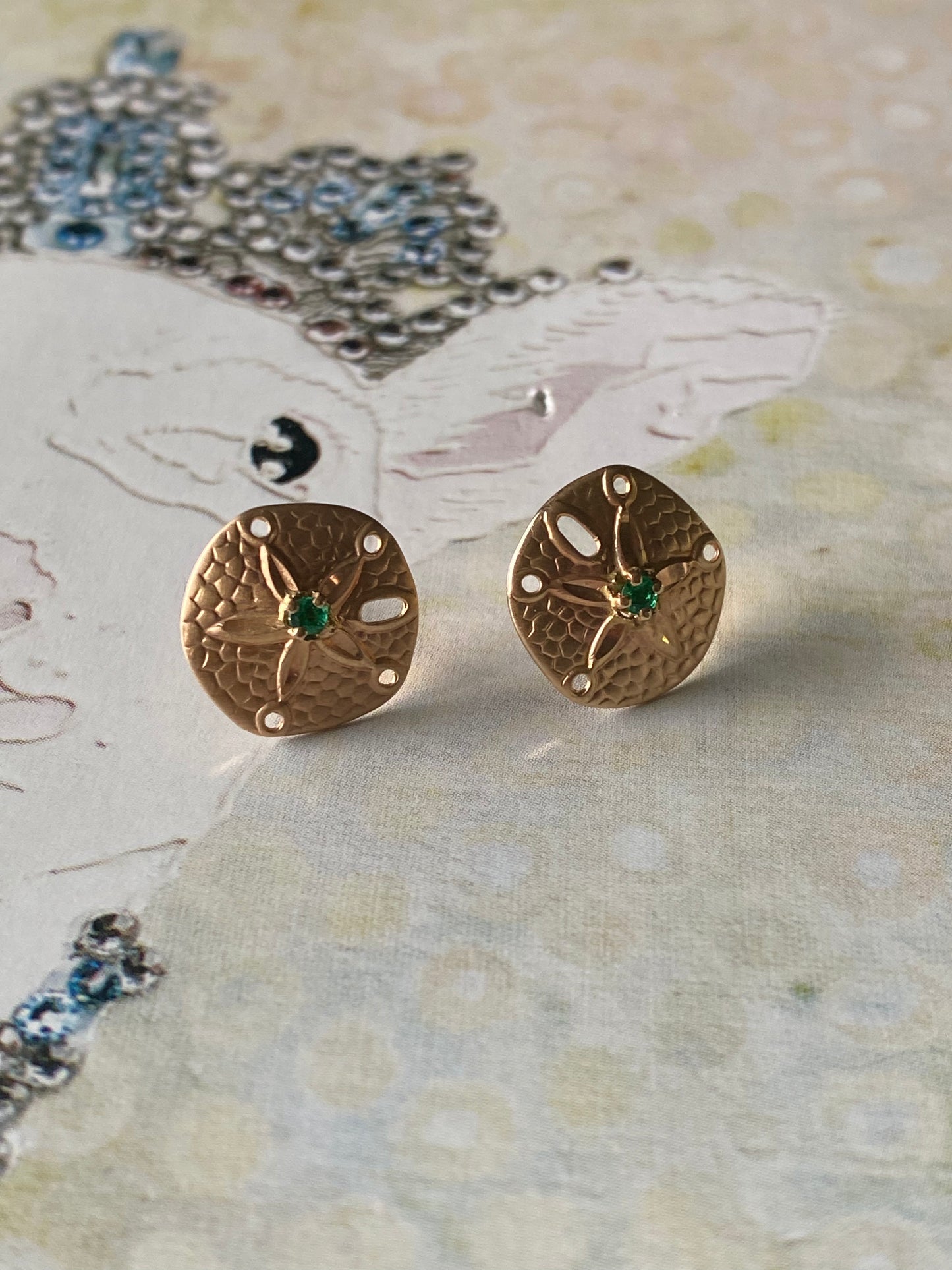 14k RG Emerald Sand Dollar Earrings