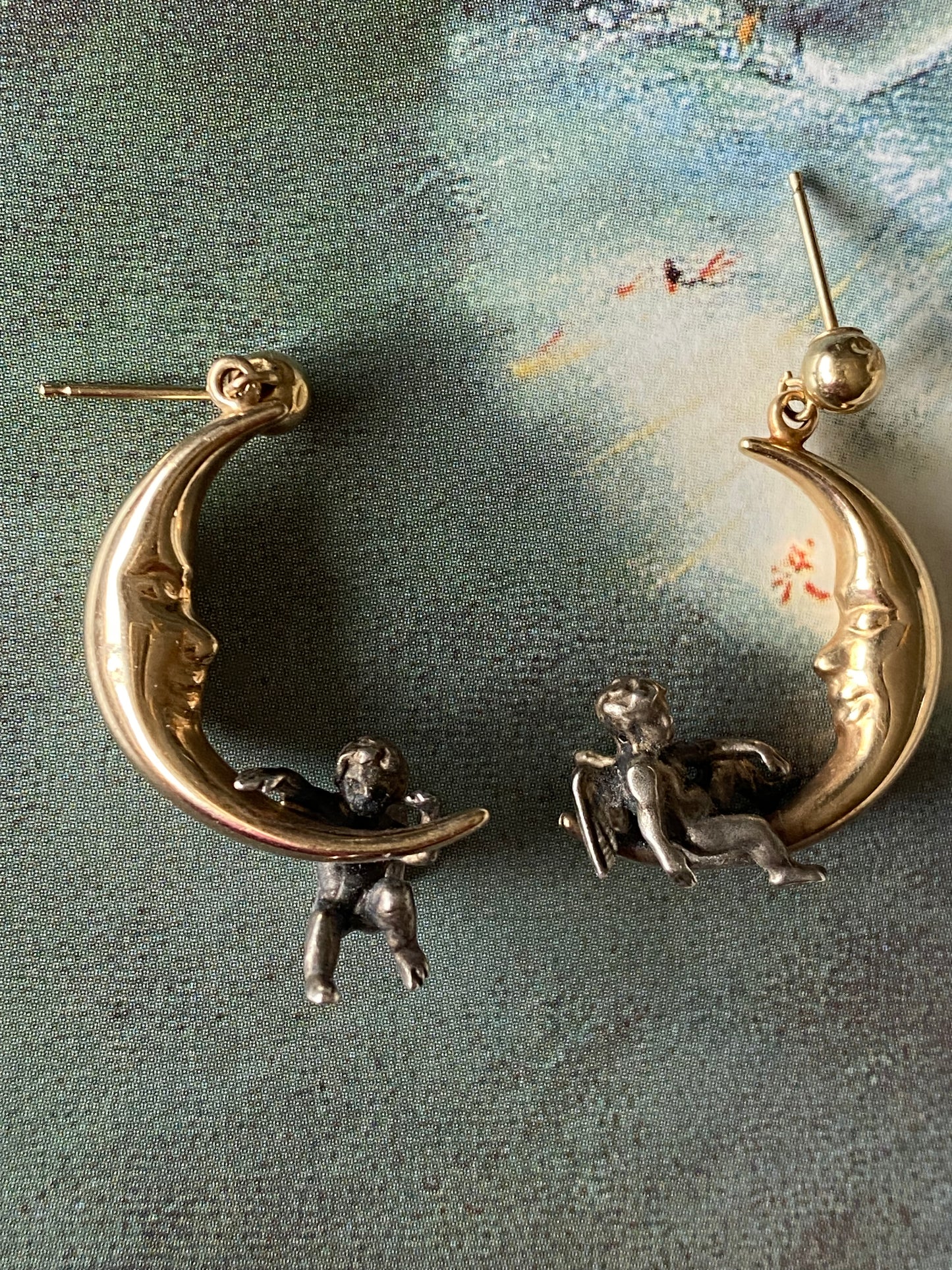 14k Crescent Moon Cherub Earrings