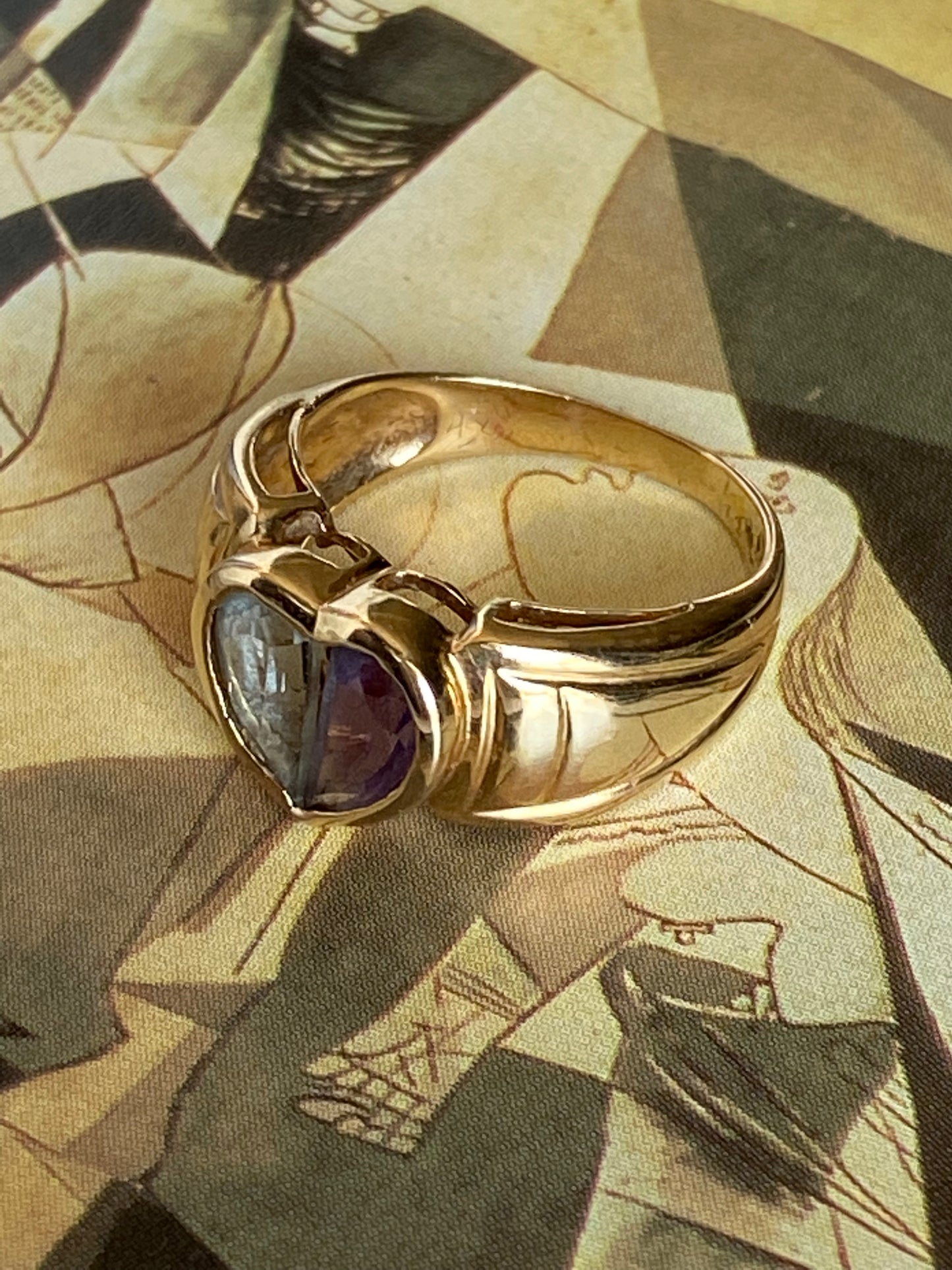 14k Aquamarine and Amethyst Heart Ring