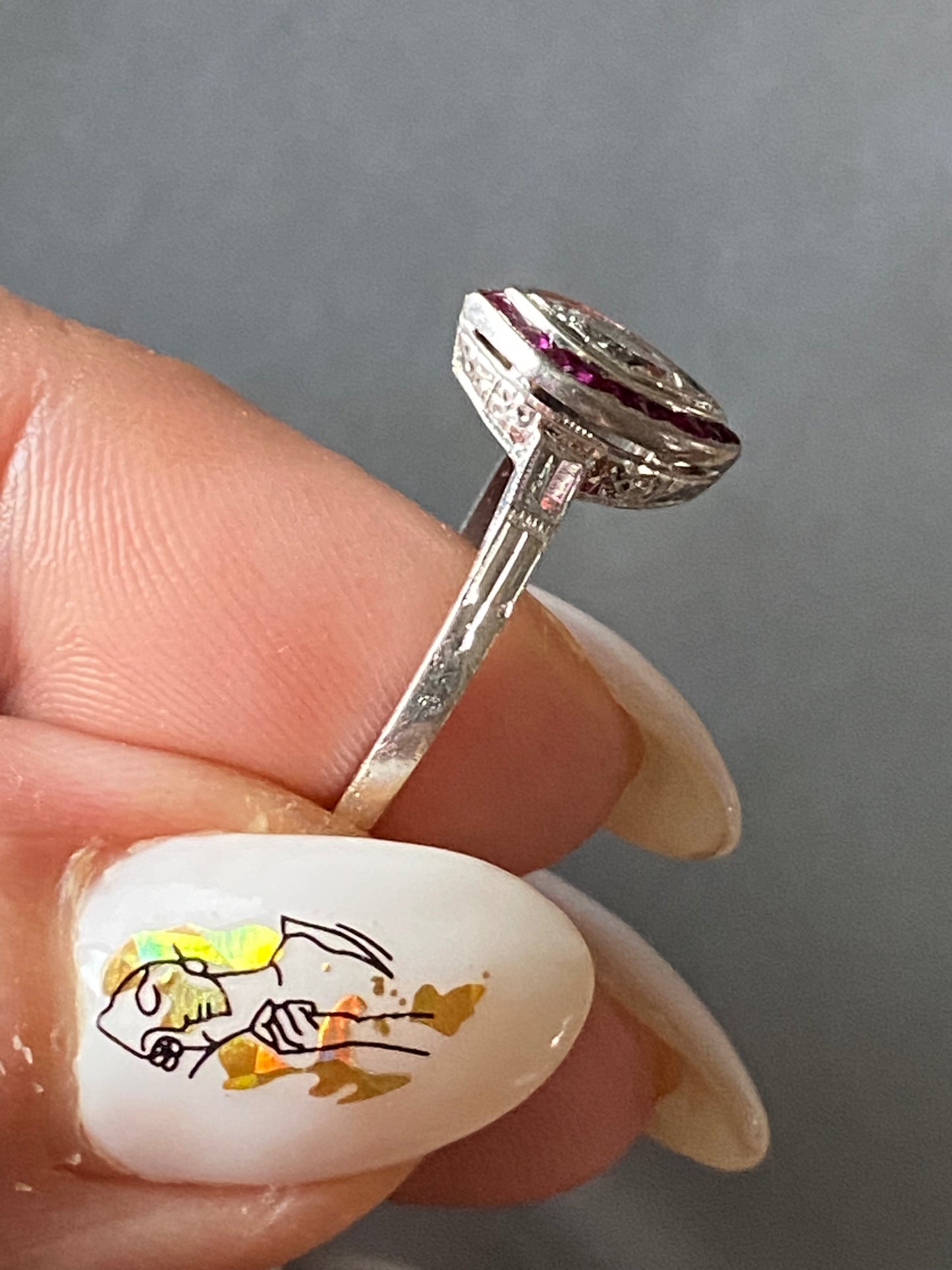 Navette Diamond and Ruby Halo Ring