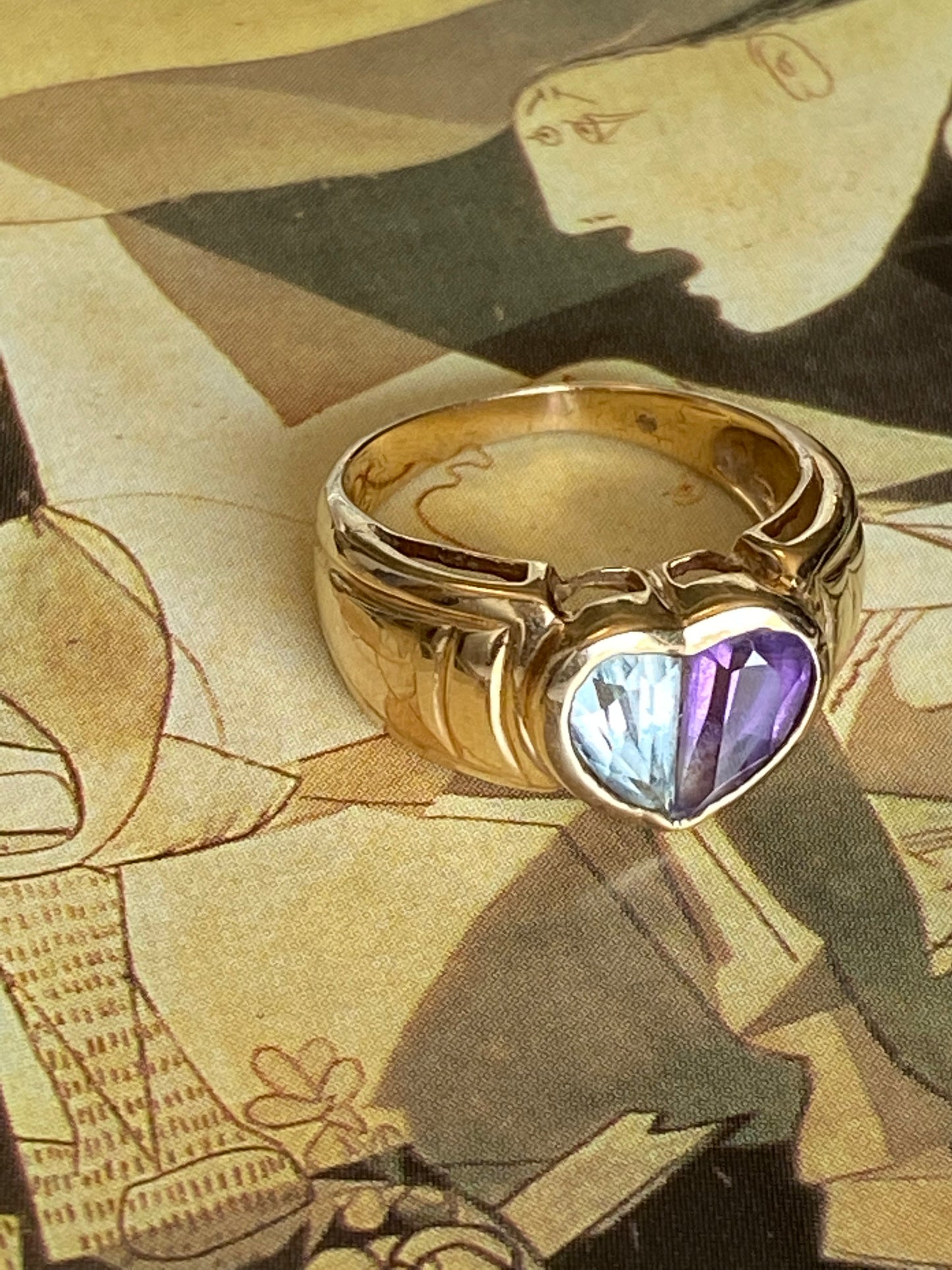 14k Aquamarine and Amethyst Heart Ring