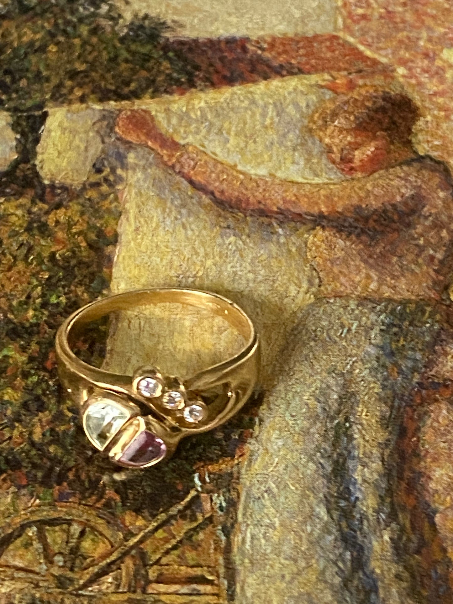 14k Aquamarine and Amethyst Half Moon Ring