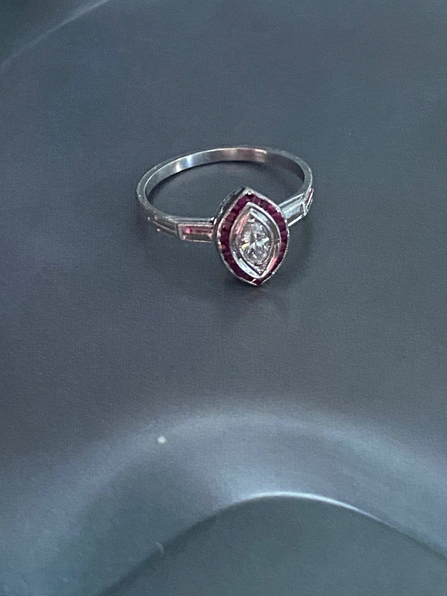 Navette Diamond and Ruby Halo Ring