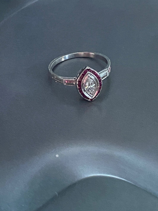 Navette Diamond and Ruby Halo Ring