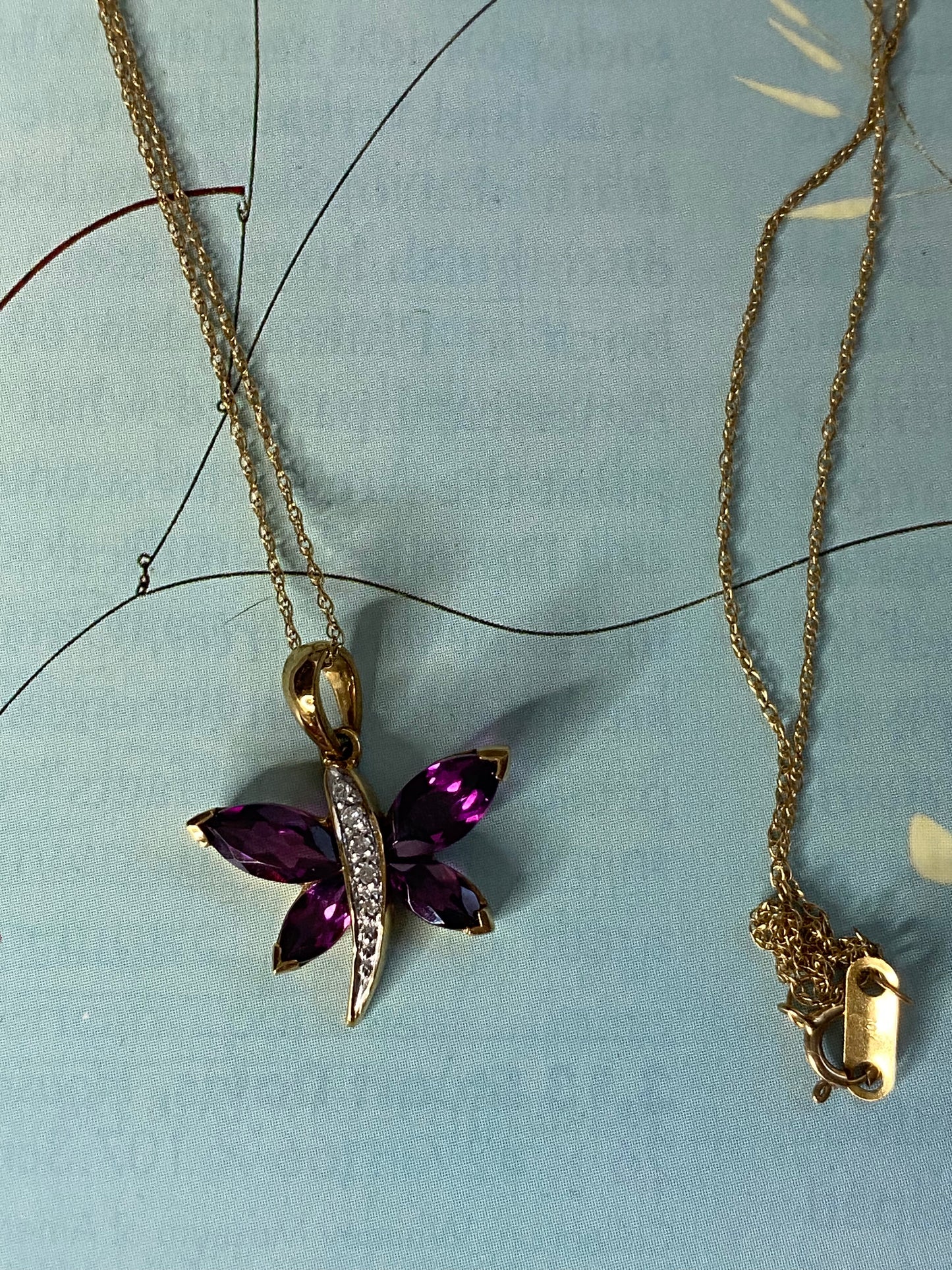 10k Rhodolite Garnet and Diamond Dragonfly on a Chain