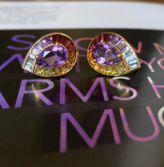 14k Pear-shaped Amethyst Rainbow Earrings