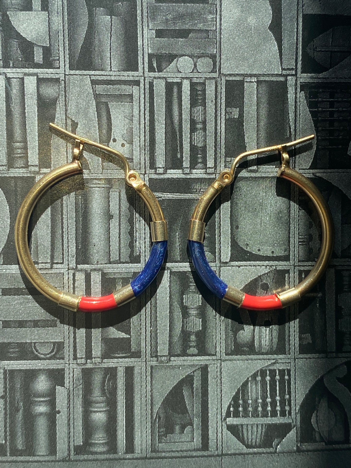 14k Red & Blue Enamel Hoops