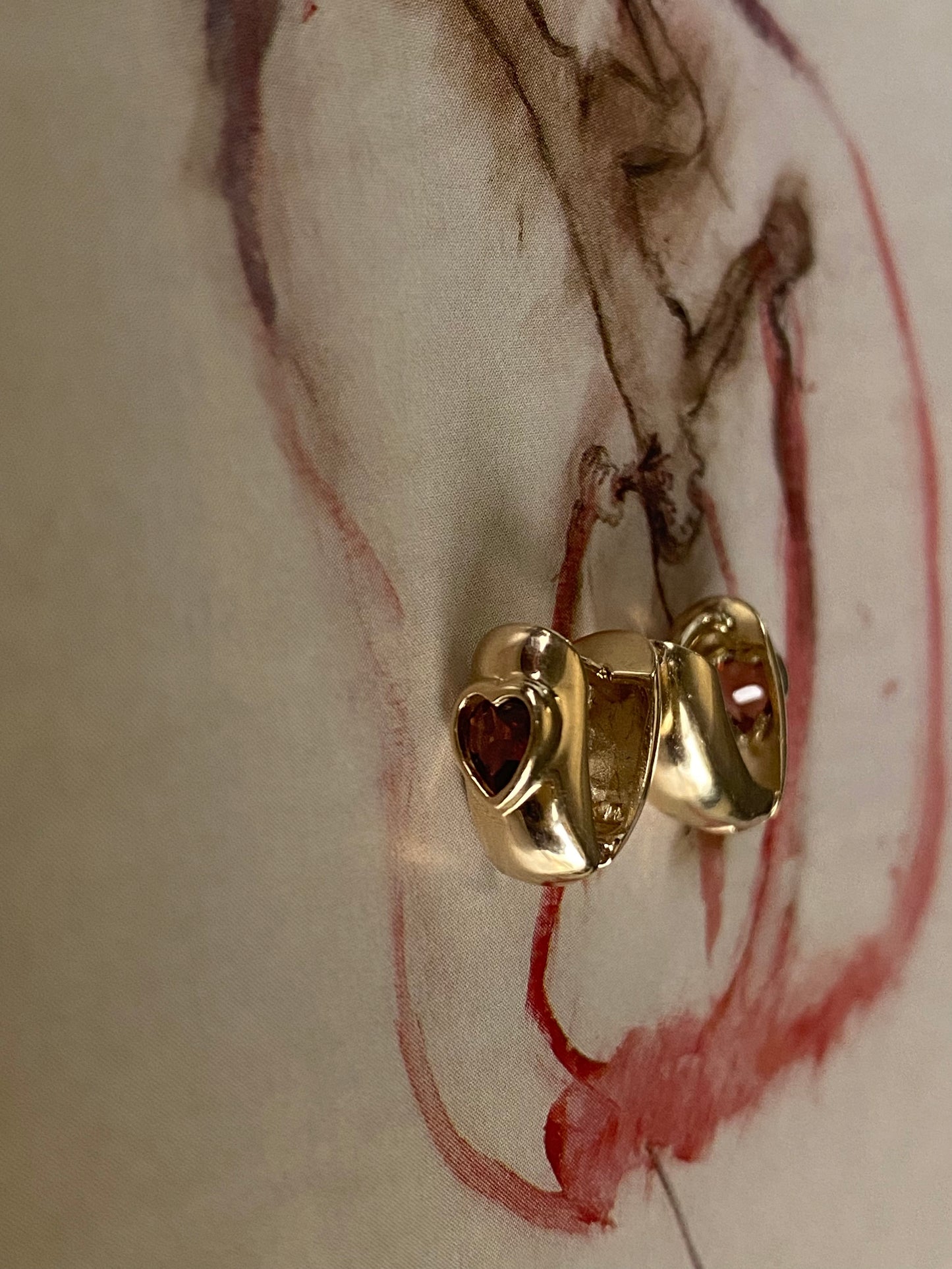 14k Garnet Heart Huggies