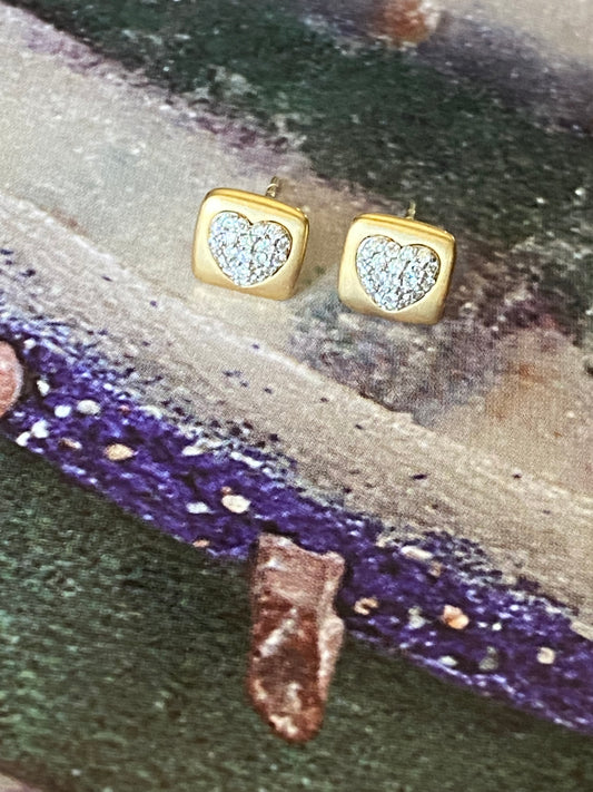 18k Heart Pave Diamonds Square Studs