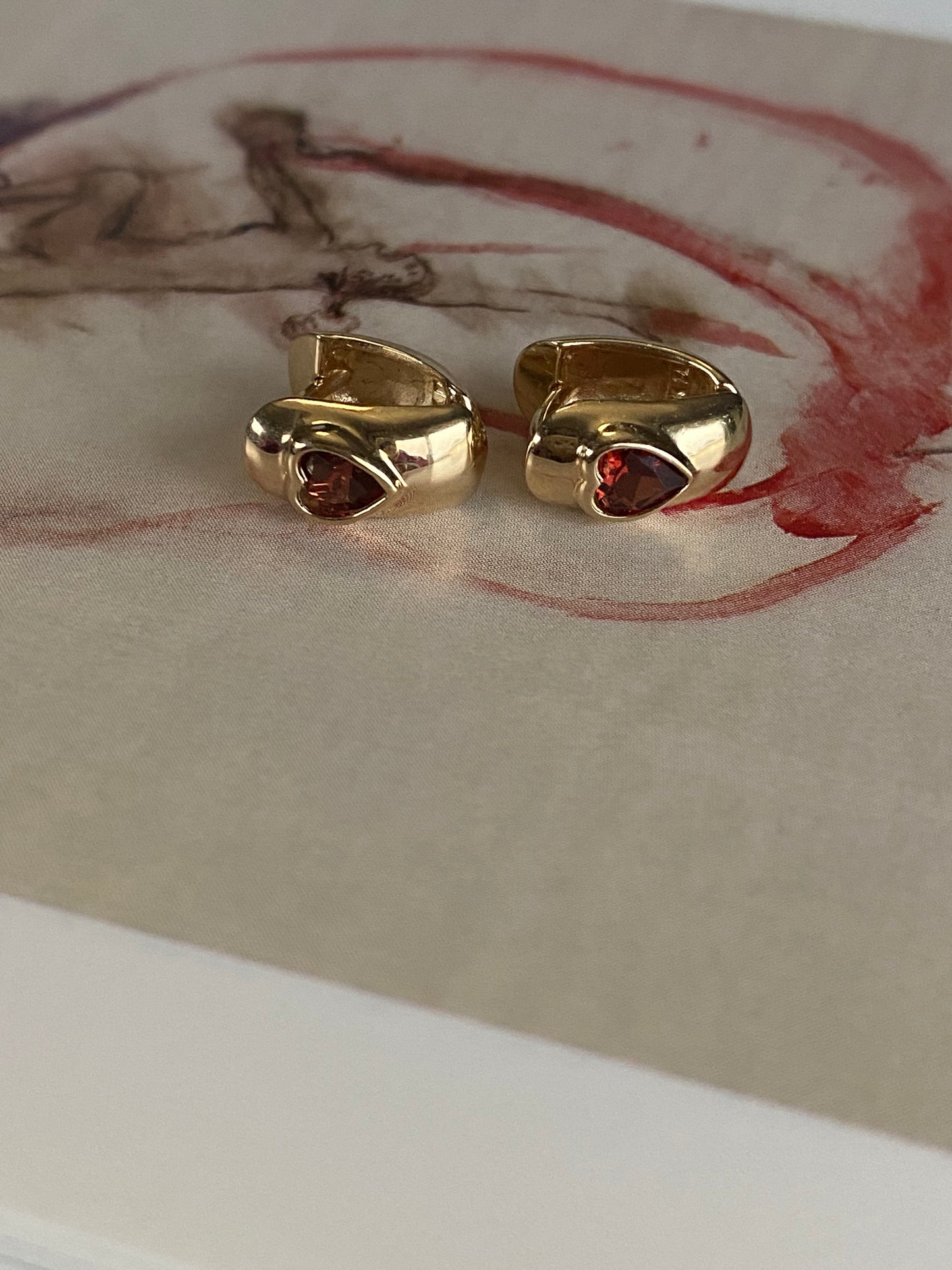 14k Garnet Heart Huggies