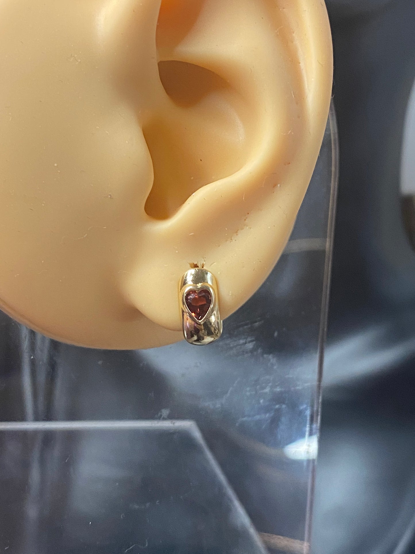 14k Garnet Heart Huggies