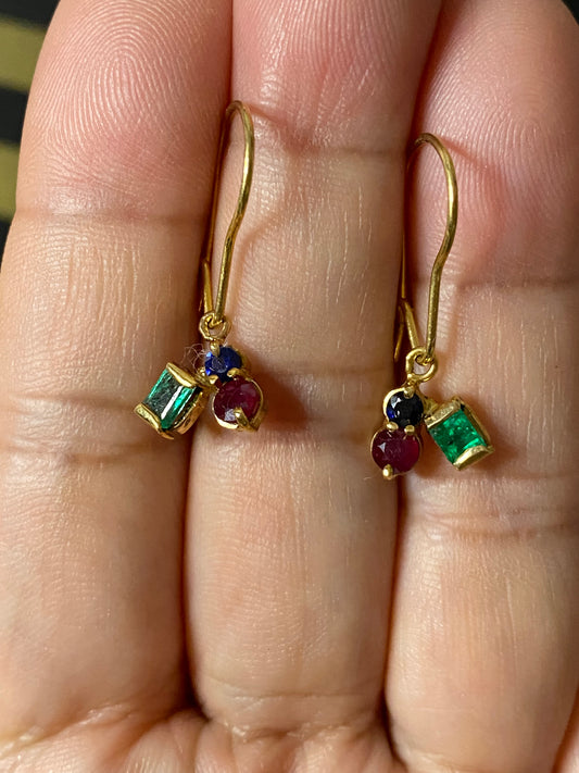 14k Ruby, Emerald & Sapphire Cluster Earrings