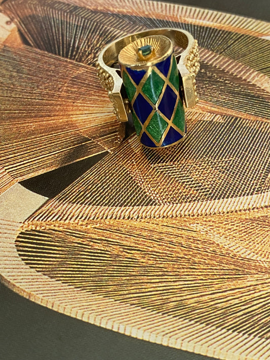 18k Enamel and Emerald Ring