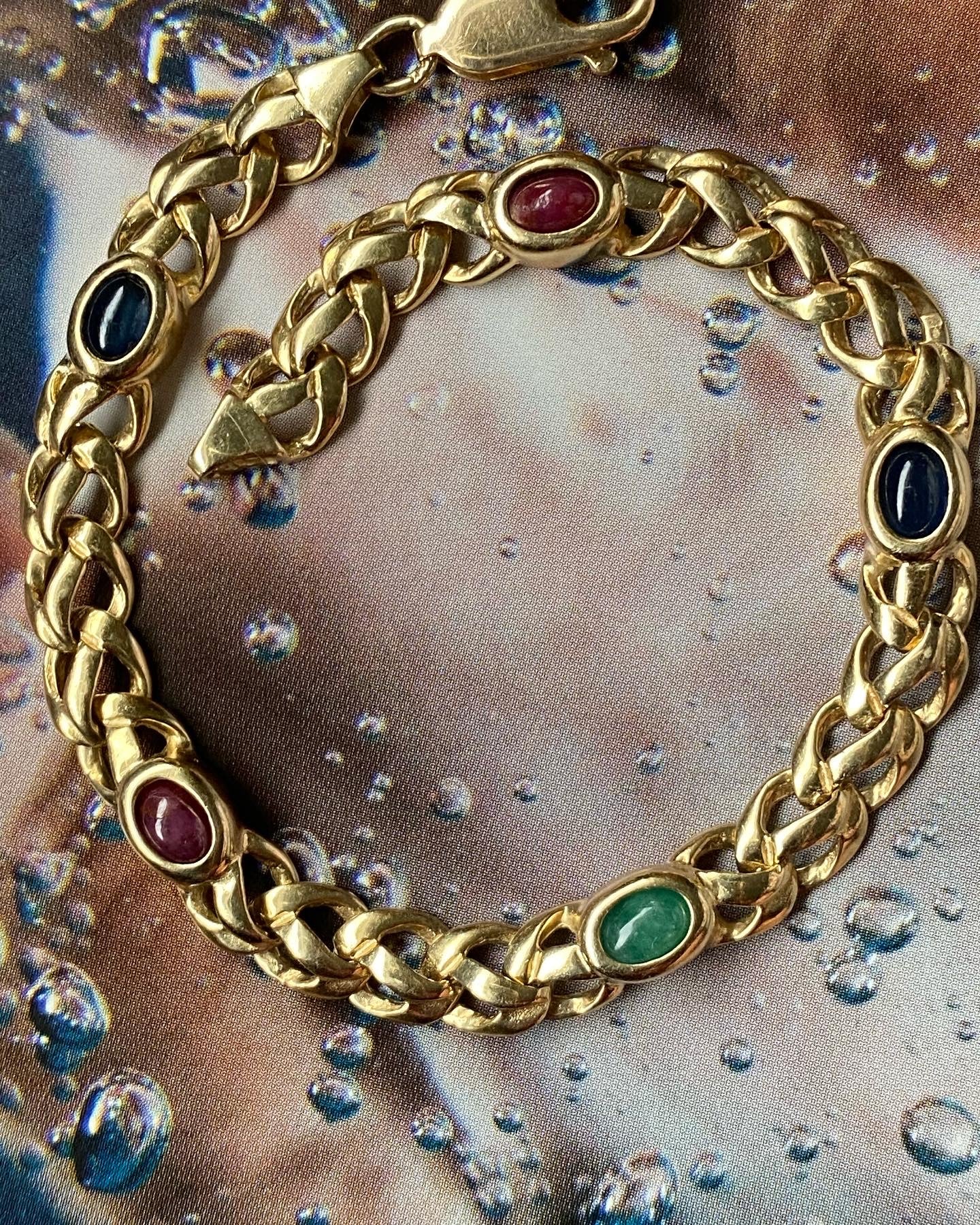 14k Gemstone Cabochon Braided Curb Bracelet