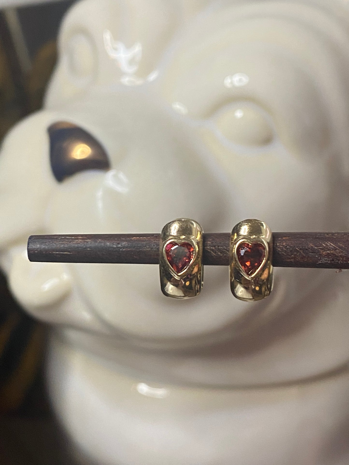 14k Garnet Heart Huggies