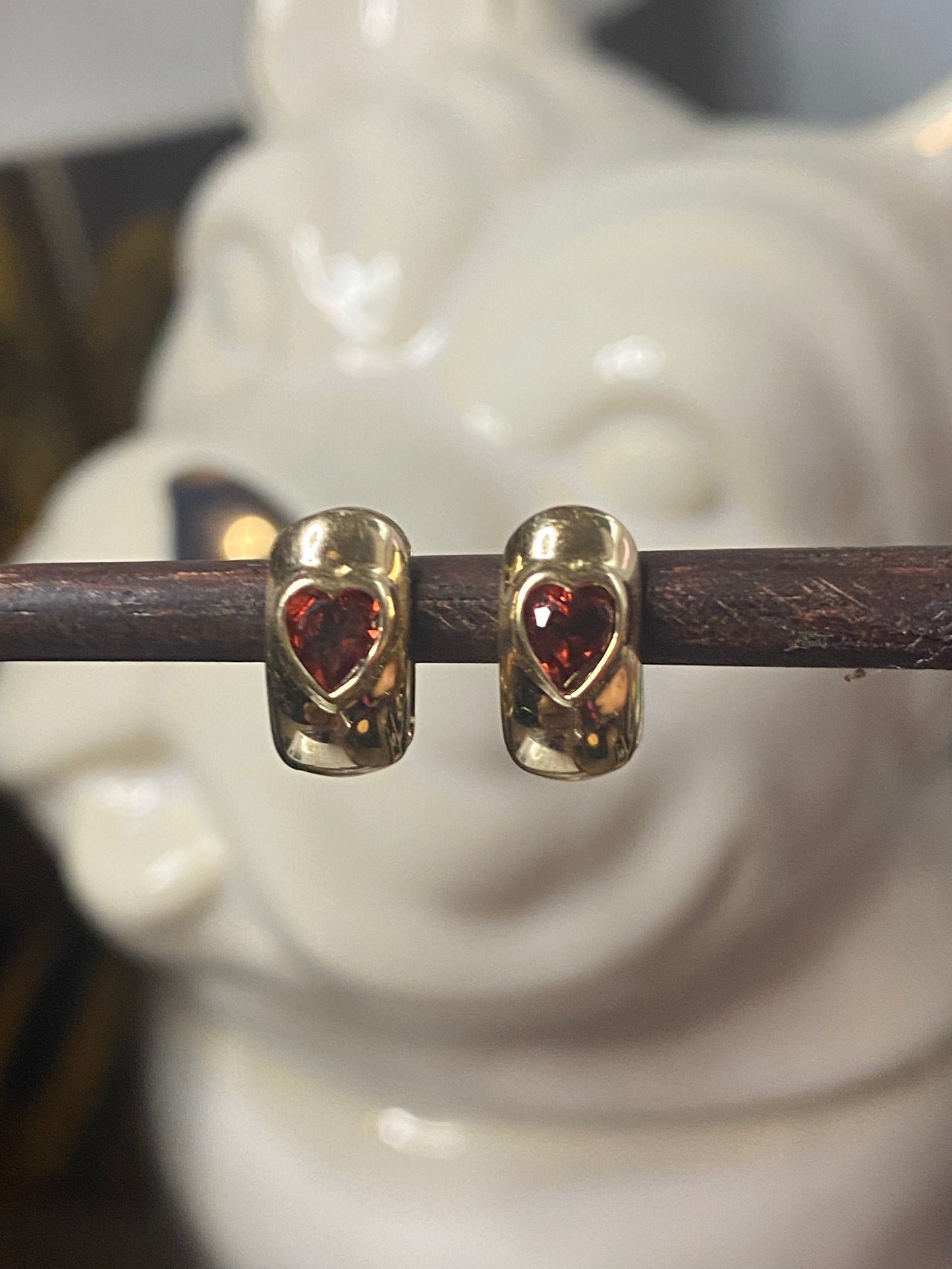 14k Garnet Heart Huggies