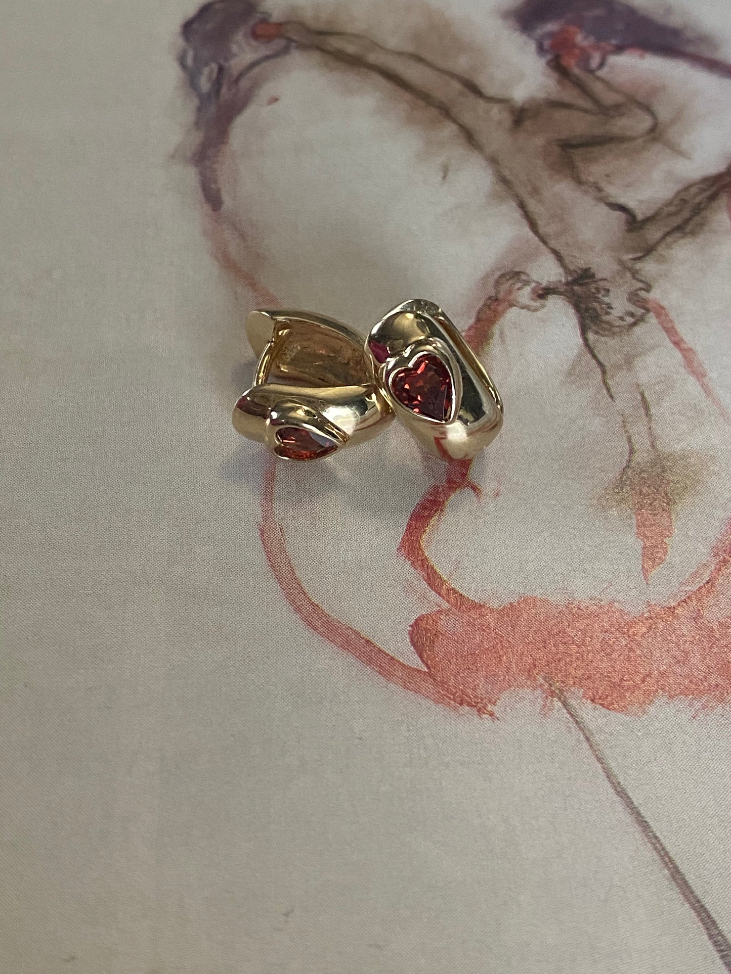 14k Garnet Heart Huggies