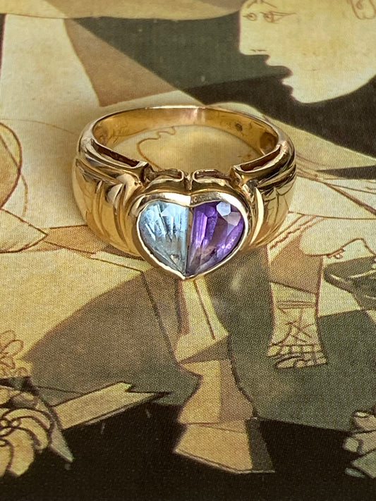 14k Aquamarine and Amethyst Heart Ring