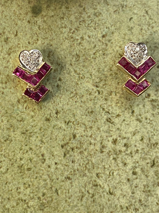 14k Pave Heart Diamond and Ruby Earrings