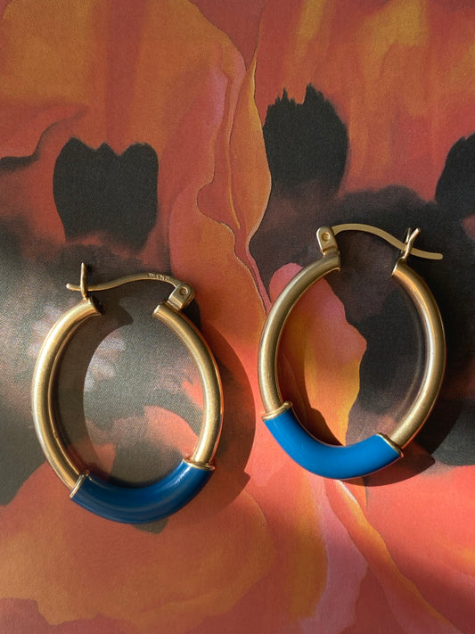 14k Blue Enamel Oval Hoops